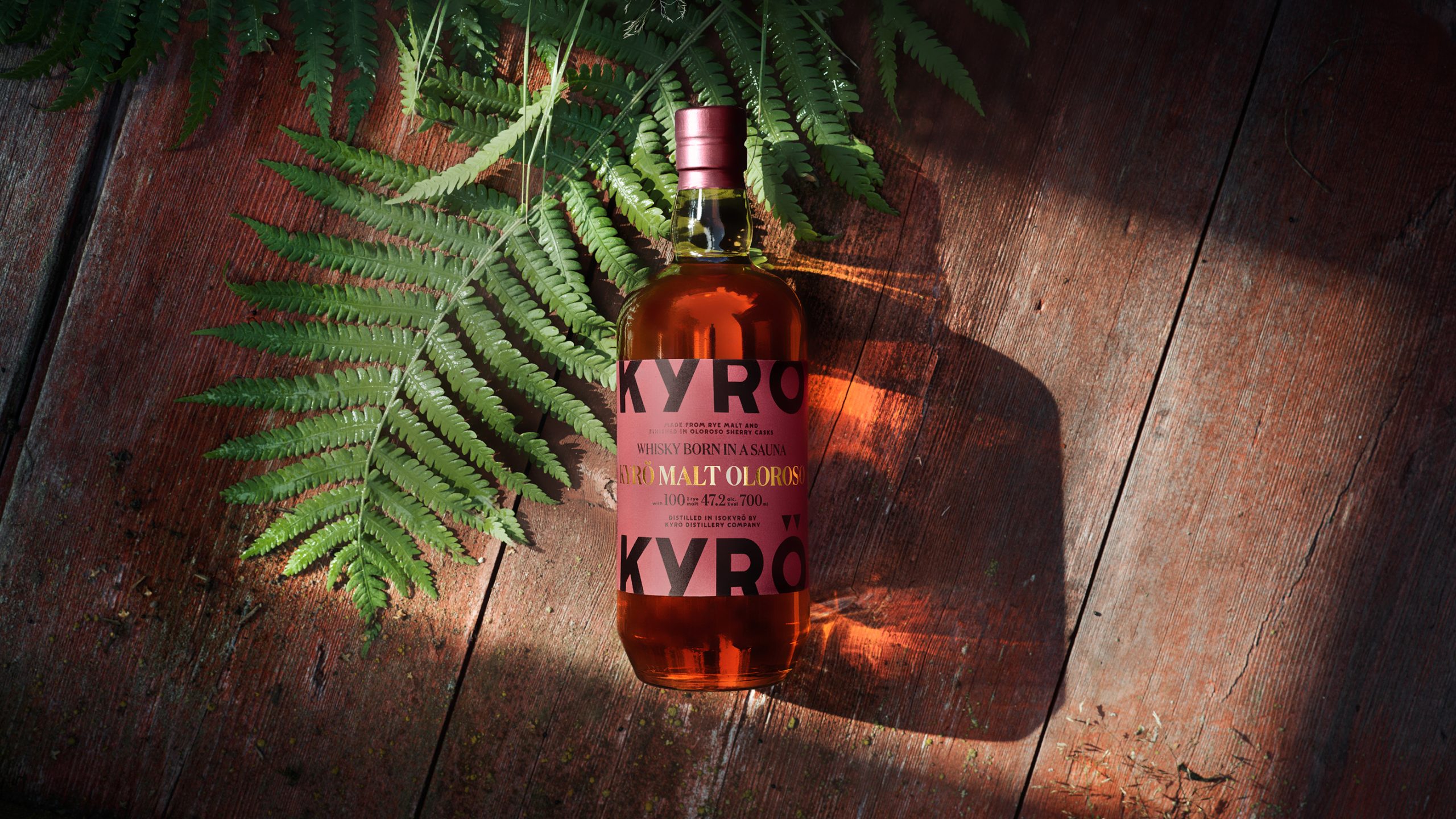 Kyrö Malt Oloroso whisky bottle lying on weathered wood beside fern fronds, bathed in warm dappled light.