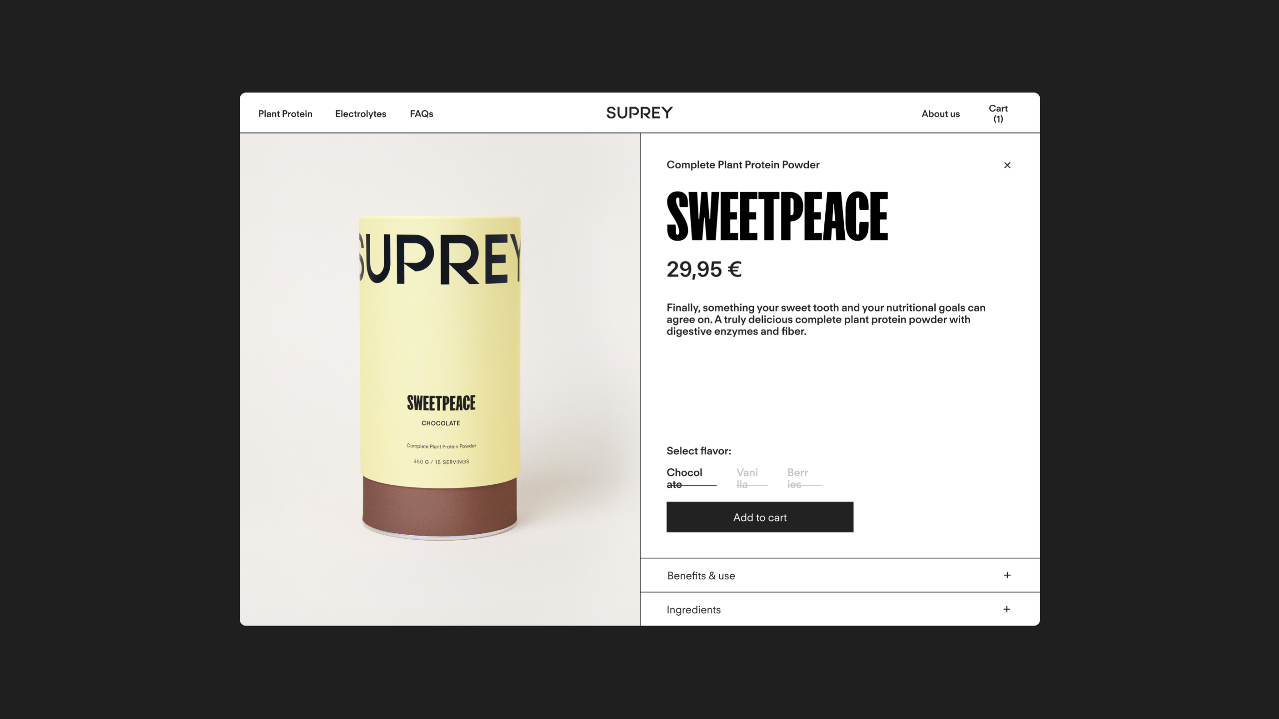 Suprey Sweetpeace plant protein powder product page showing chocolate flavor selection, pricing, and add to cart button.
