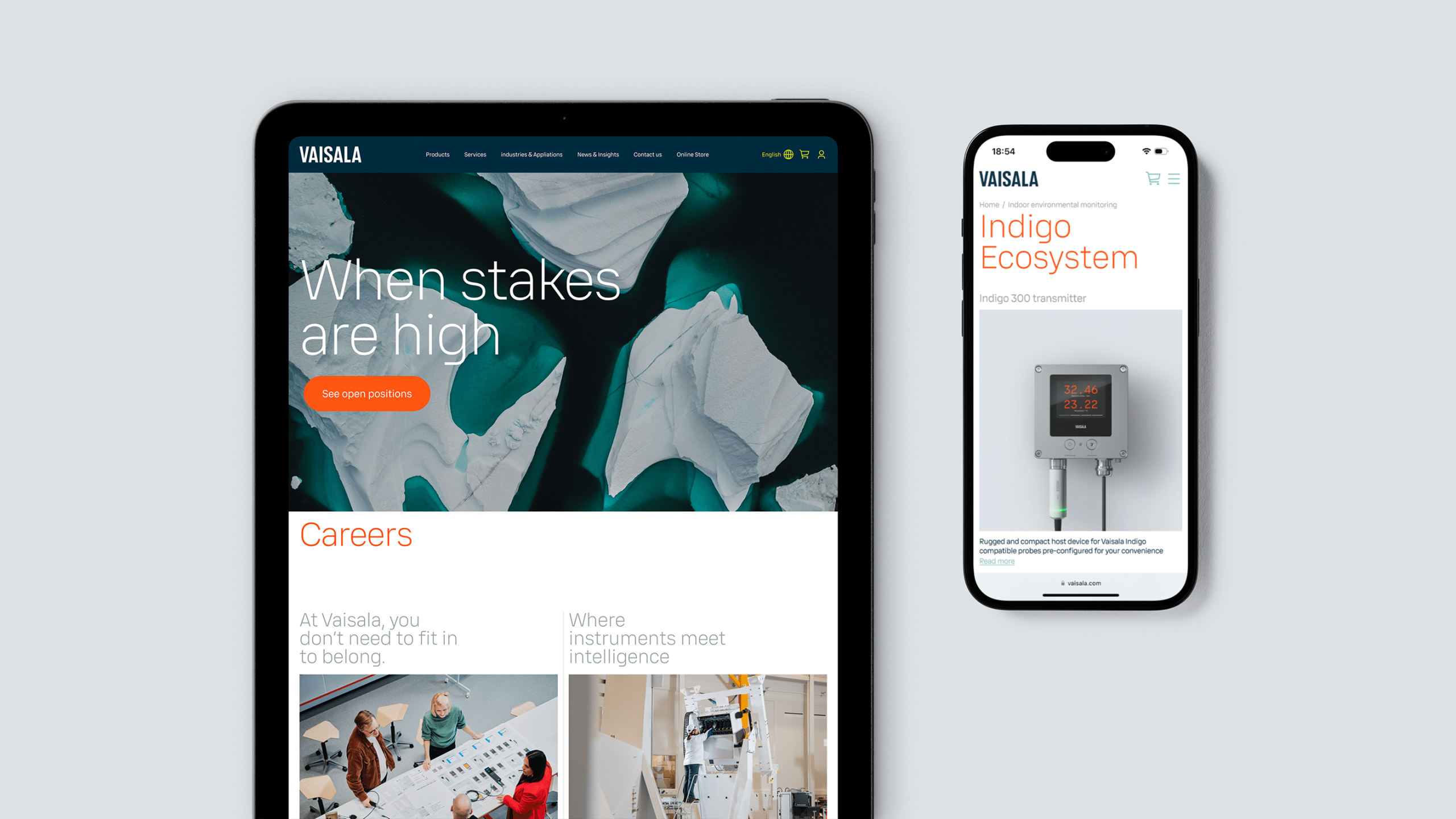 Vaisala website shown on iPad and iPhone, displaying careers page and Indigo Ecosystem product page with clean, modern UI design.