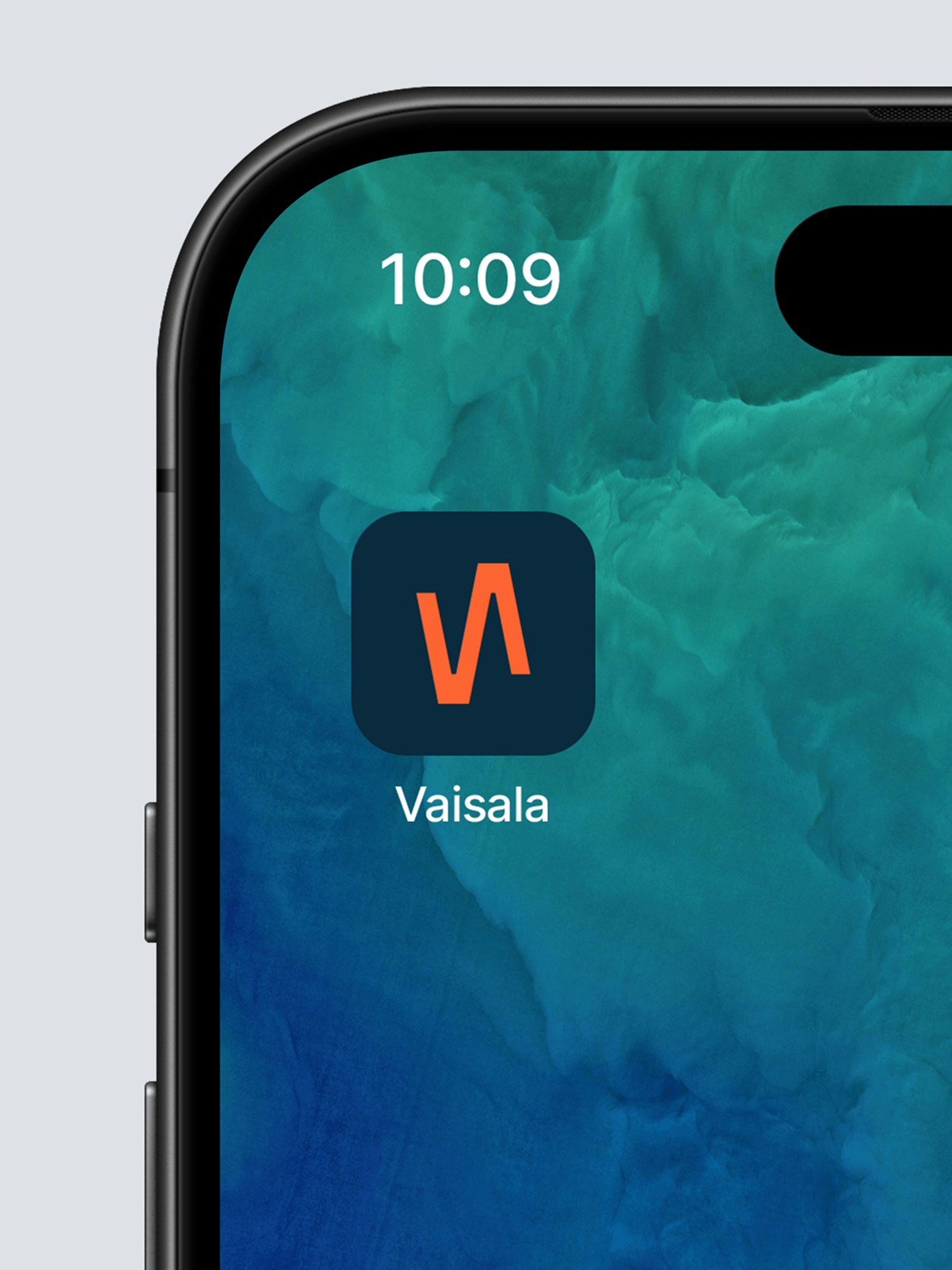 Vaisala mobile app icon on an iPhone home screen, featuring an orange geometric logo on a dark navy background.
