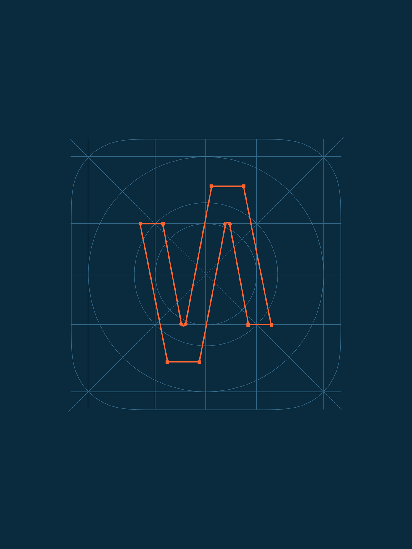 Vaisala app icon construction grid showing orange VA lettermark with anchor points on dark navy background.