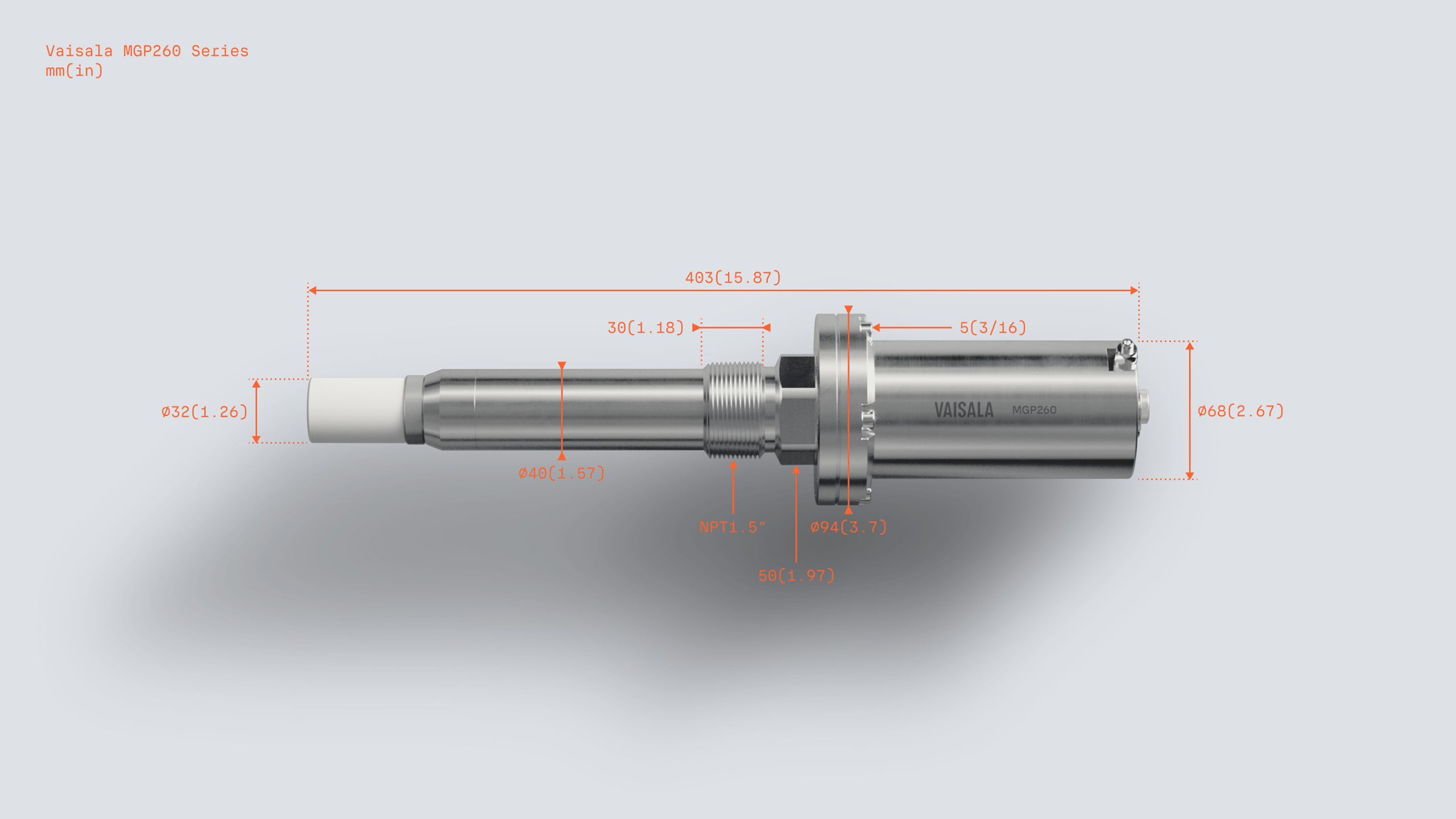 Vaisala MGP260 Series sensor technical drawing with annotated dimensions in mm and inches on a light grey background.