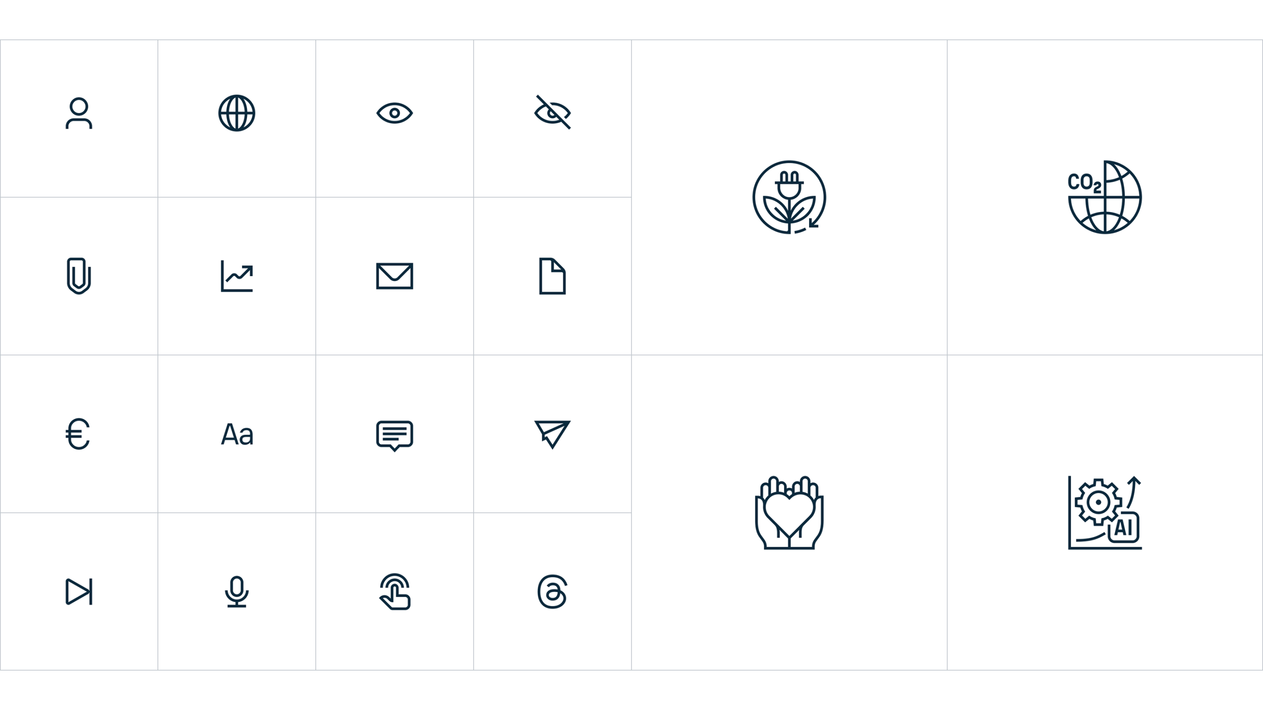 Vaisala icon set by Werklig featuring user, globe, eye, mail, euro, chat, and sustainability symbols in dark navy outline style.