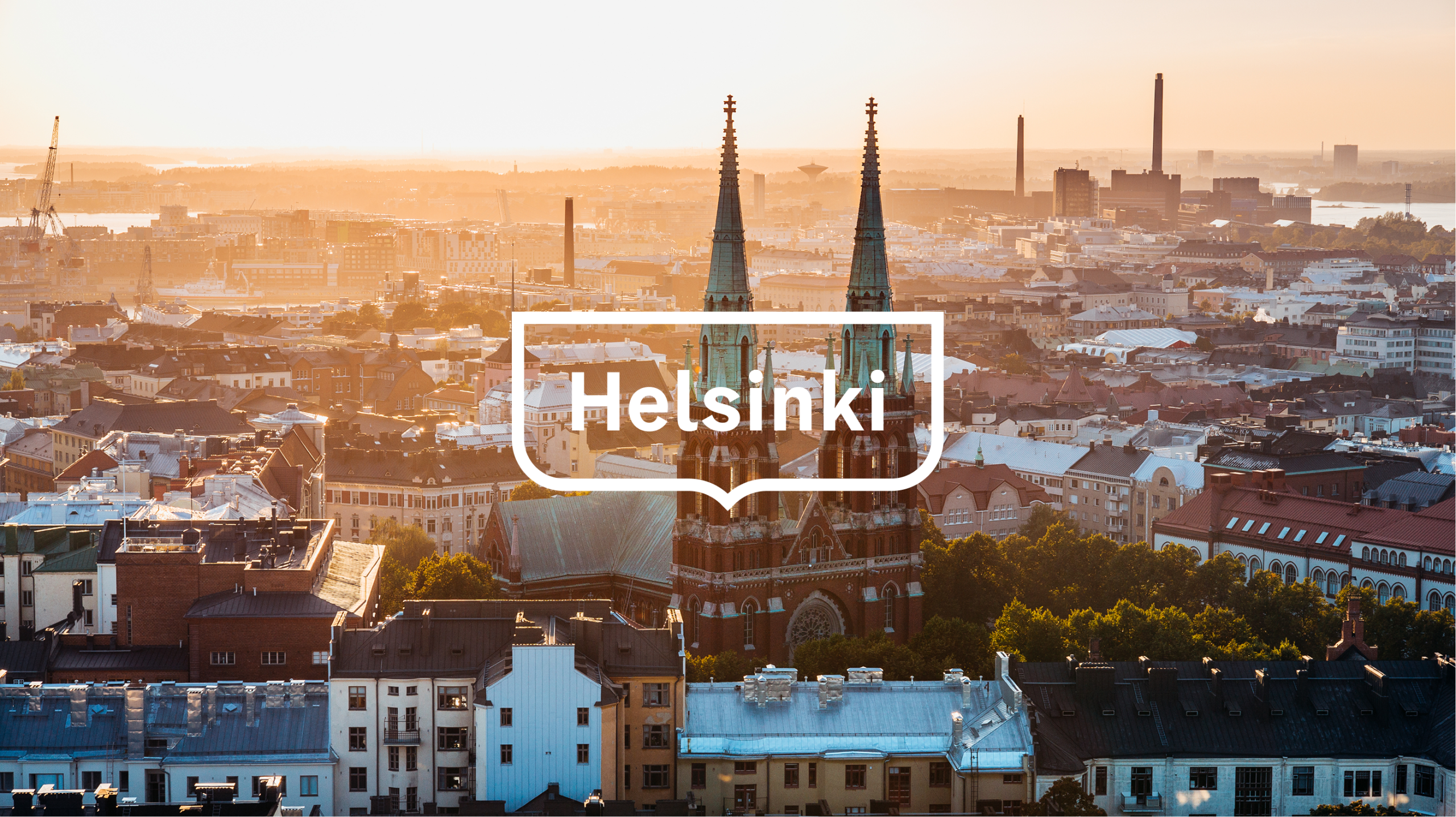 Helsinki's cathedral spires silhouetted against a sunset skyline, with the city's logo overlaid.