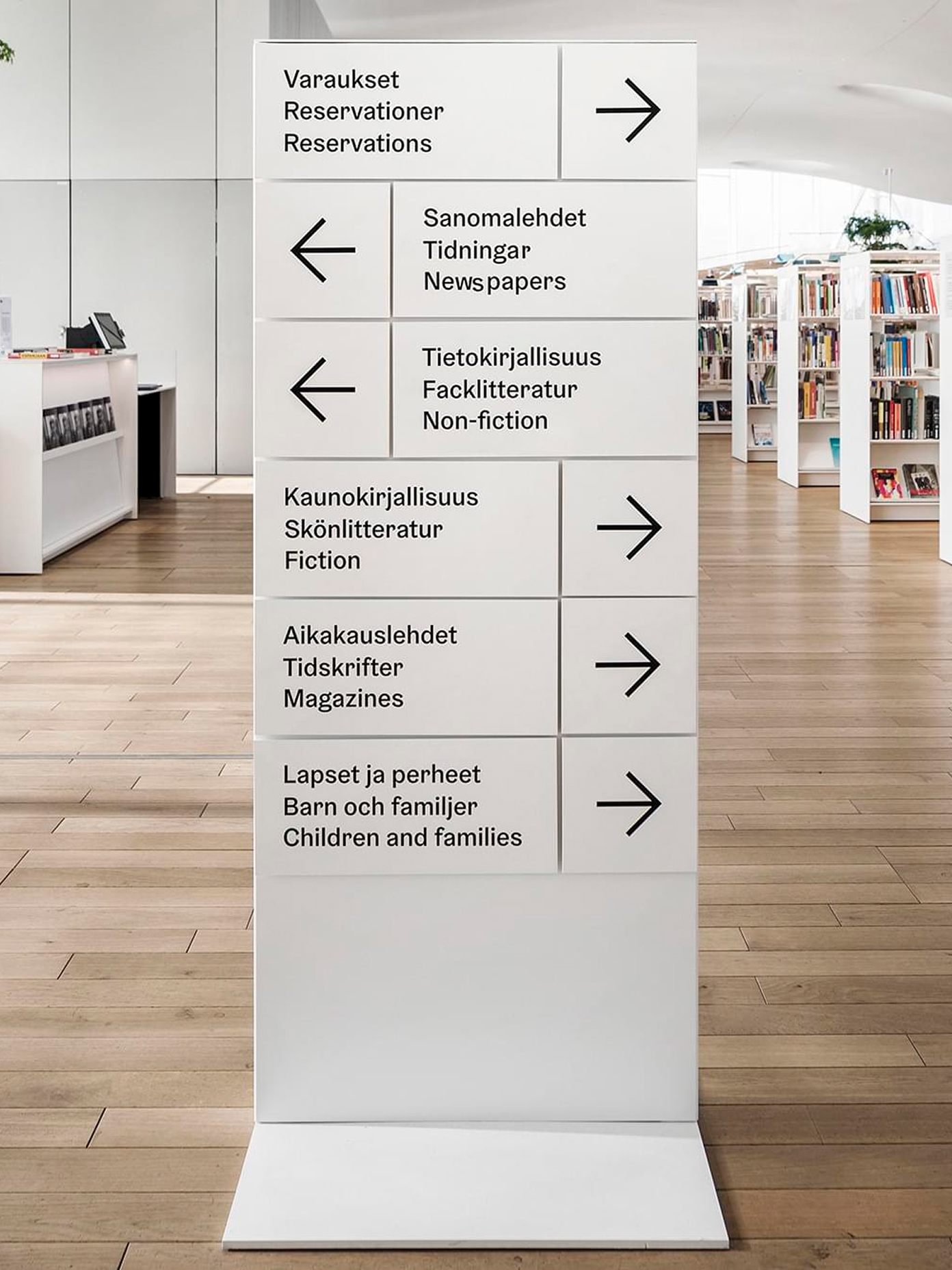 Directional signage kiosk listing library sections—reservations, newspapers, fiction, magazines, and children's areas—in three languages.
