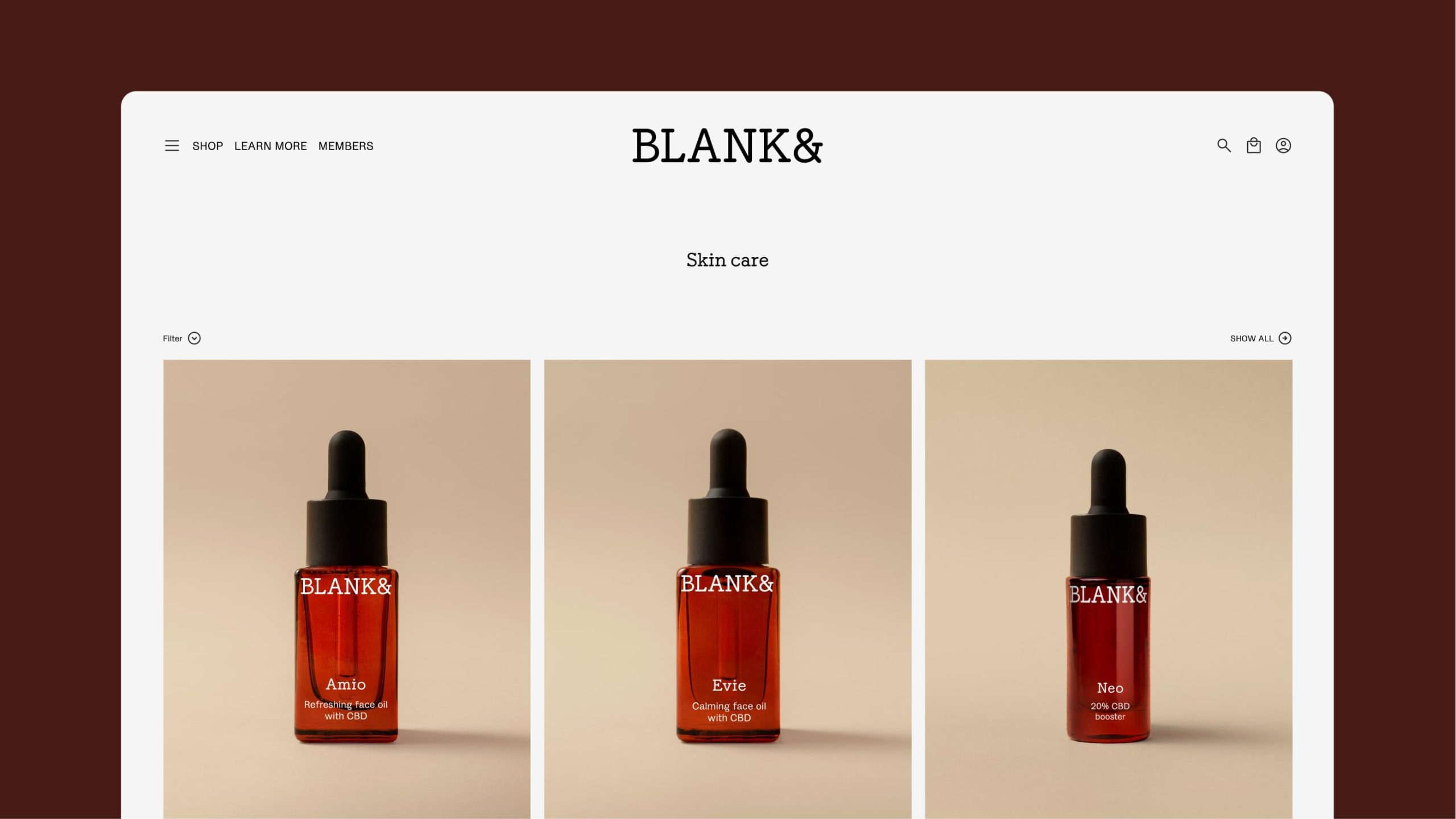 Blank& skincare product page featuring three amber dropper bottles: Amio, Evie, and Neo CBD face oils.