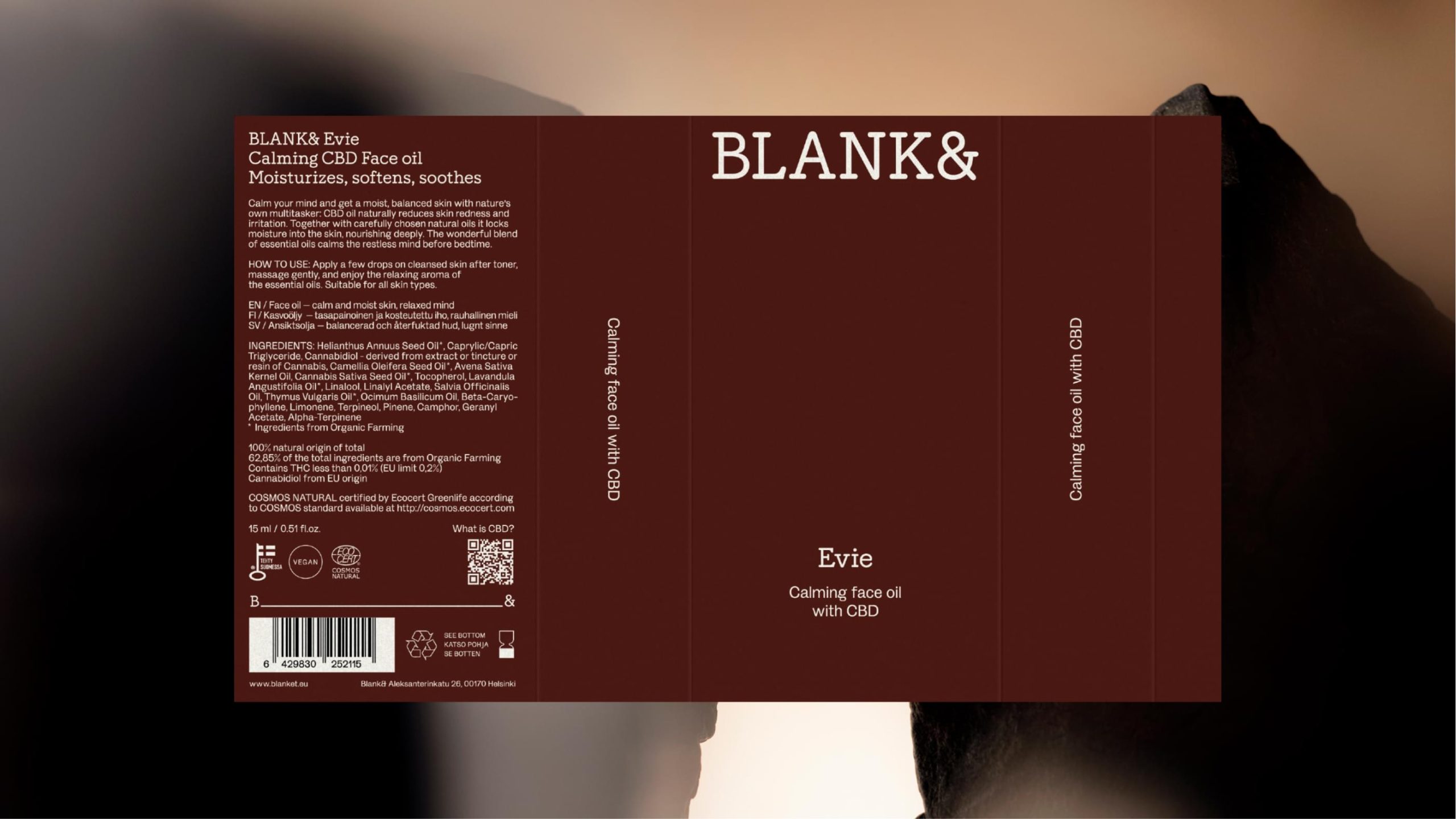 Blank& Evie CBD face oil product packaging label in deep burgundy with white typography, showing front and back panel layout.