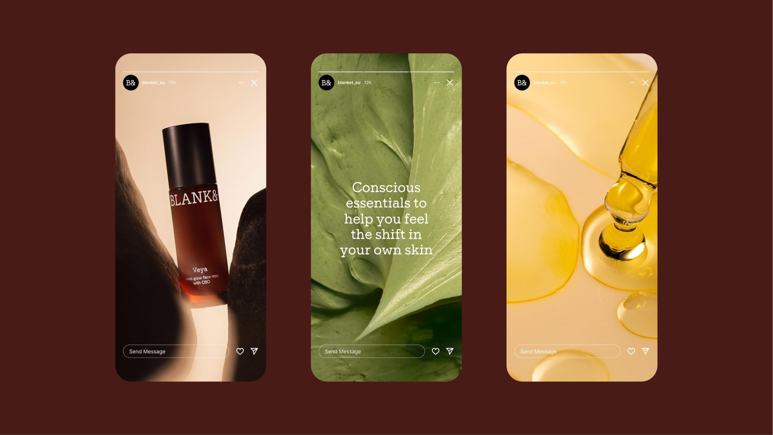 Three Blank& Instagram Stories showing a CBD face mist product, a green leaf with brand tagline, and golden oil droplets.