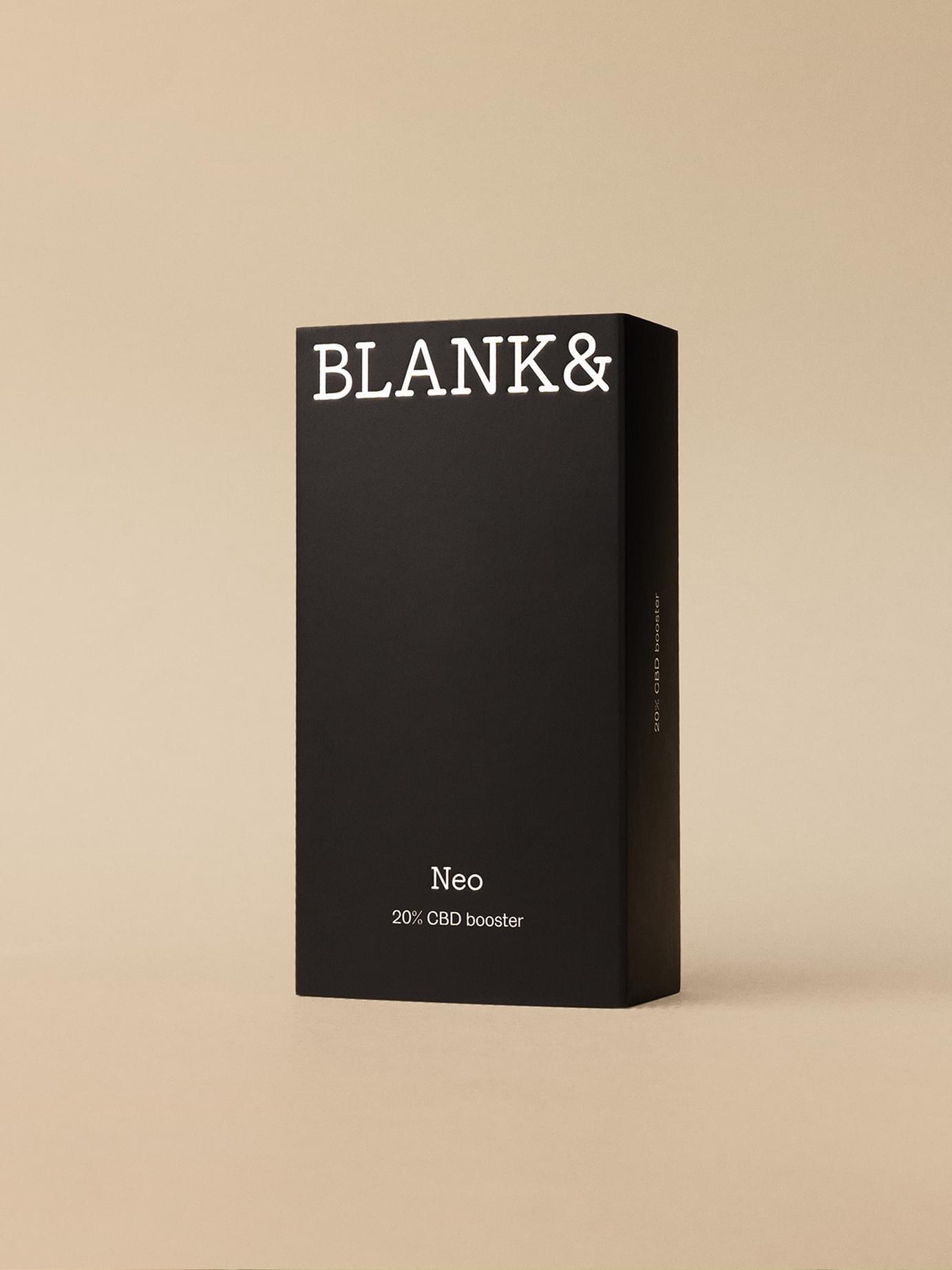 Blank& Neo 20% CBD booster in minimalist matte black rectangular box with white serif typography on beige background.