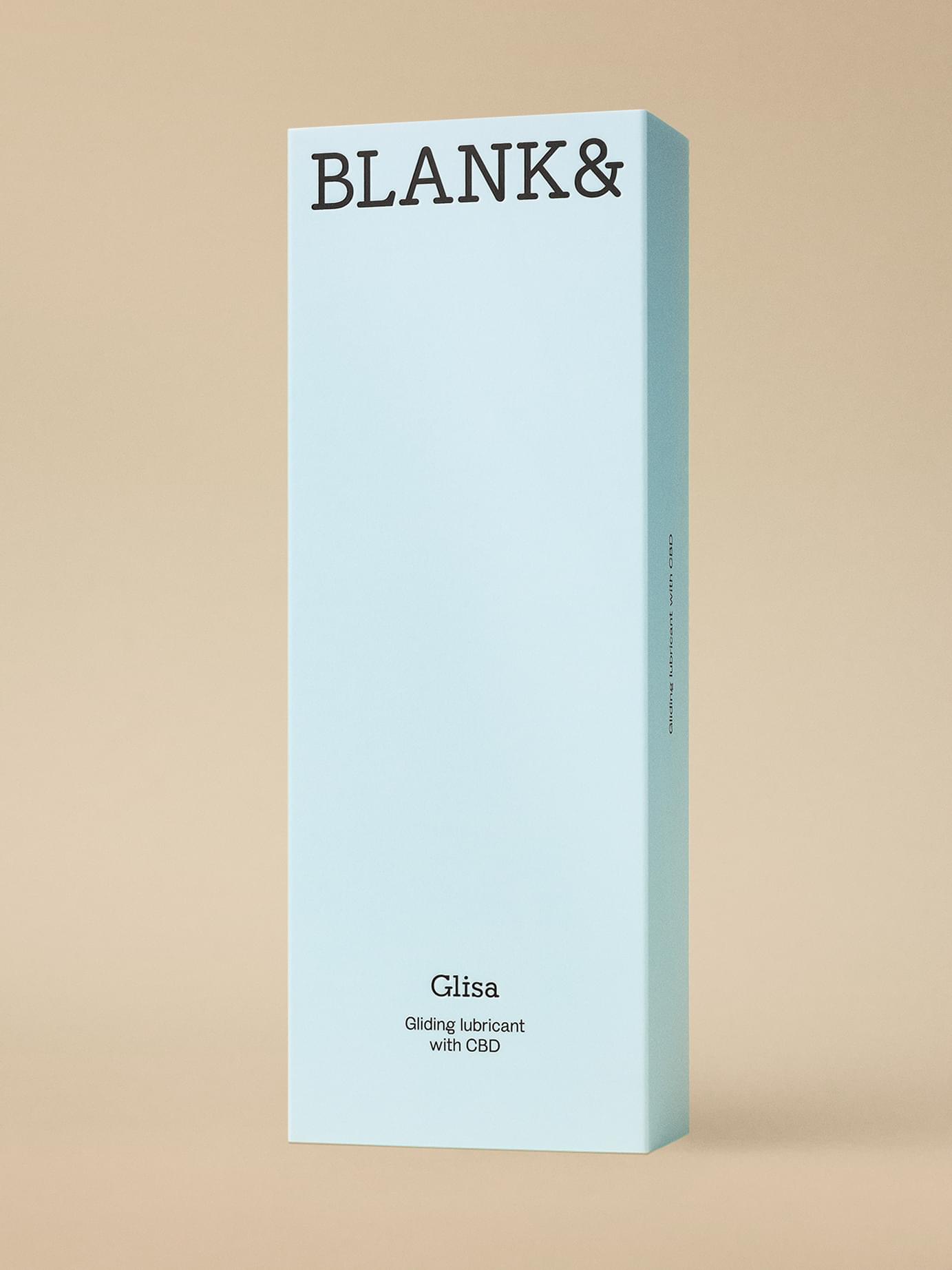 Blank& Glisa CBD gliding lubricant in minimal light blue tall rectangular box on warm beige background.