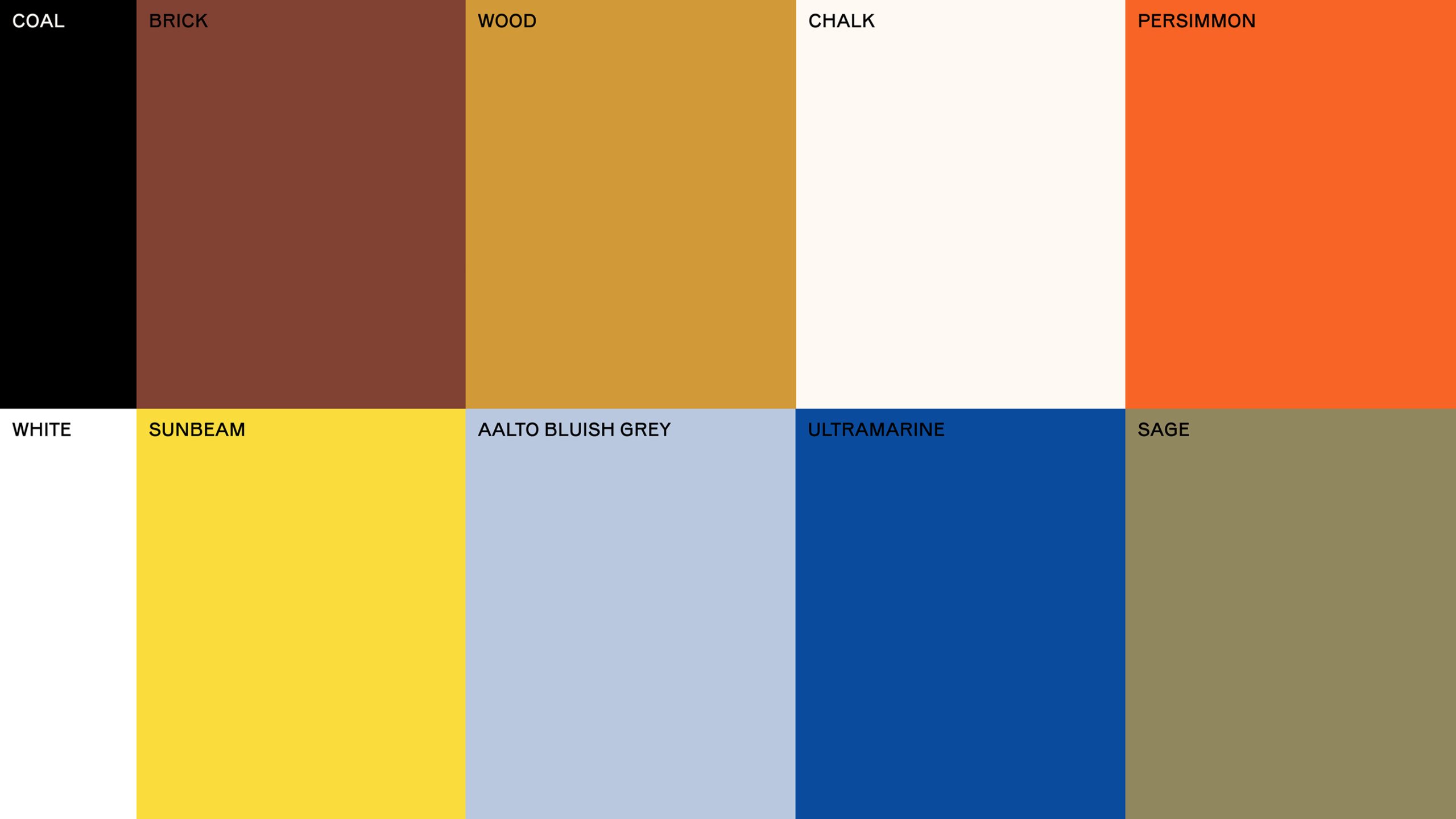 Kulttuuritalo brand colour palette by Werklig featuring Coal, Brick, Wood, Chalk, Persimmon, Sunbeam, Aalto Bluish Grey, Ultramarine, and Sage.