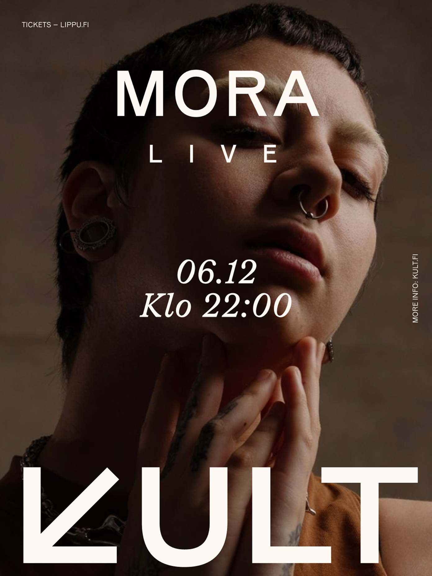 Live concert poster for Kult venue, featuring close-up portrait.