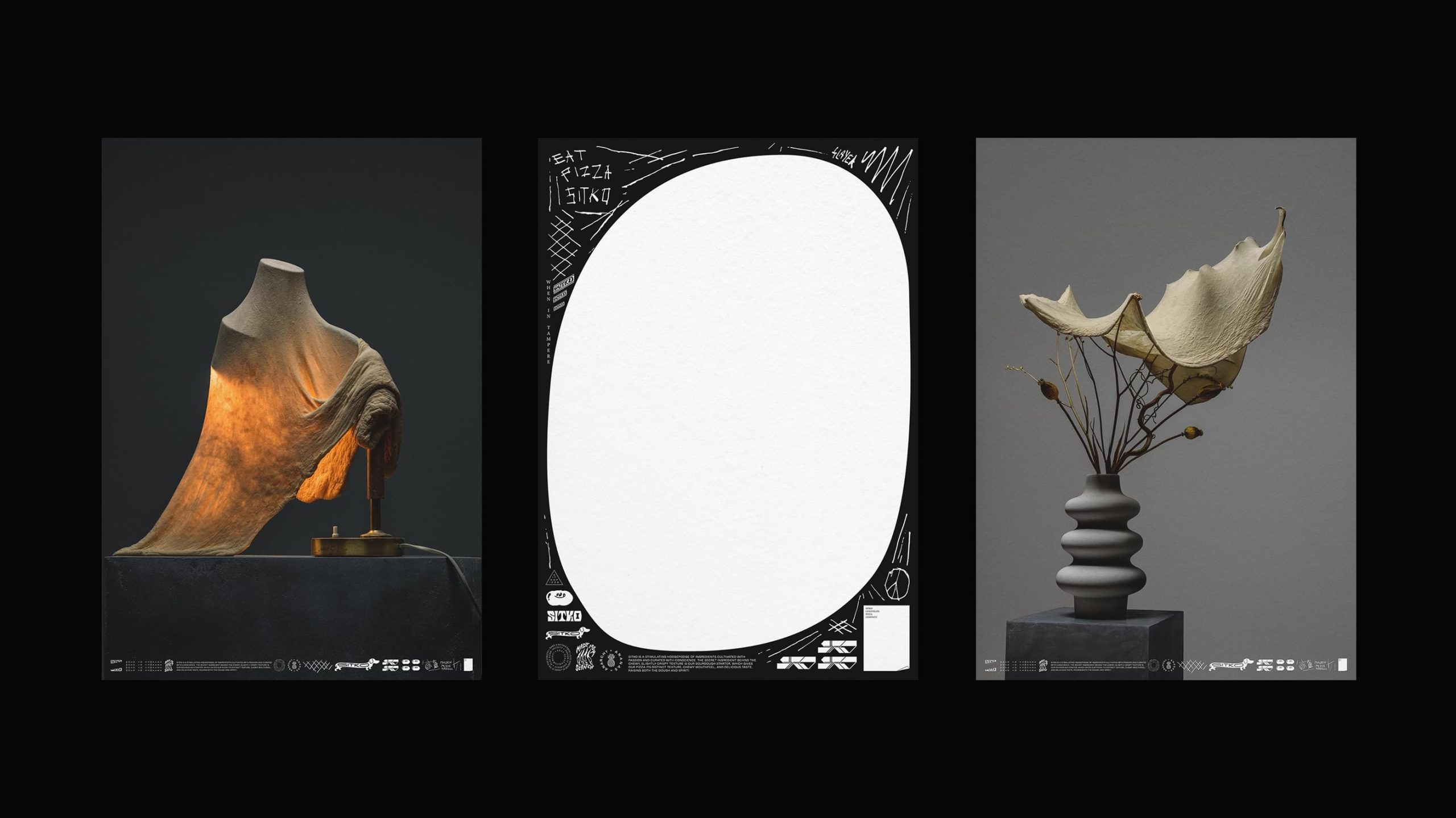 Sitko Pizza brand posters: draped mannequin sculpture, black poster with white oval shape, and dried botanicals in stacked vase.
