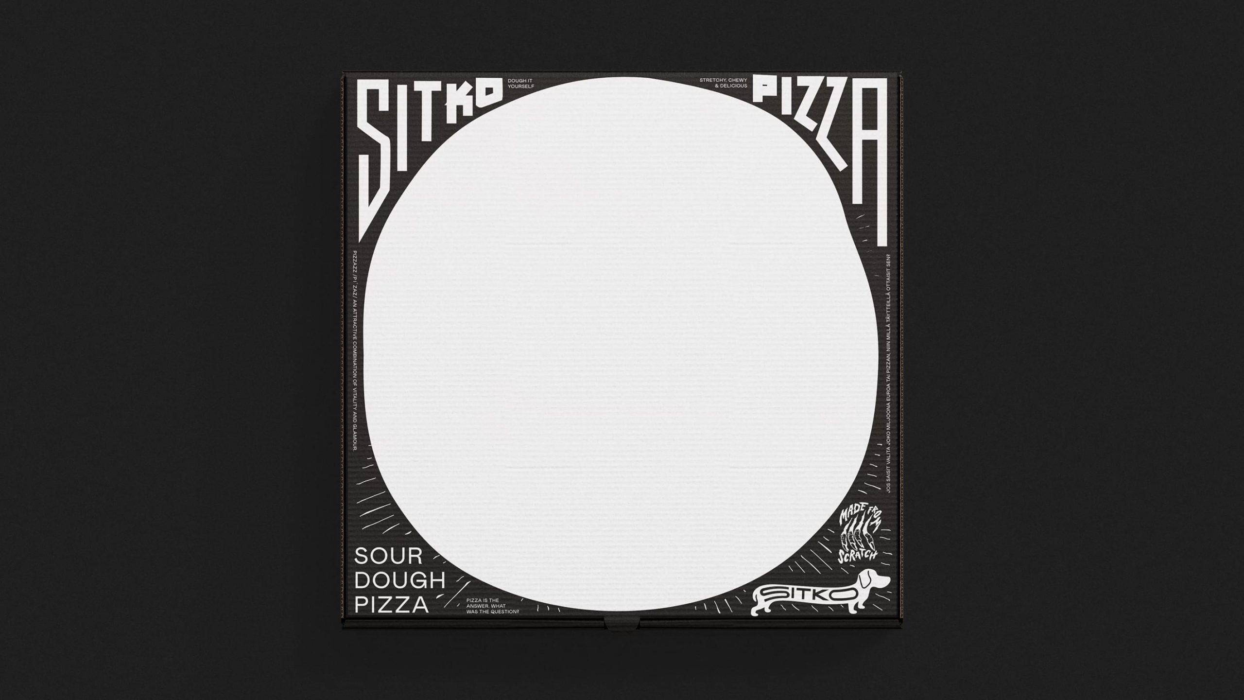 Sitko Pizza black sourdough pizza box with bold white typography, large circular window, and dachshund logo detail.