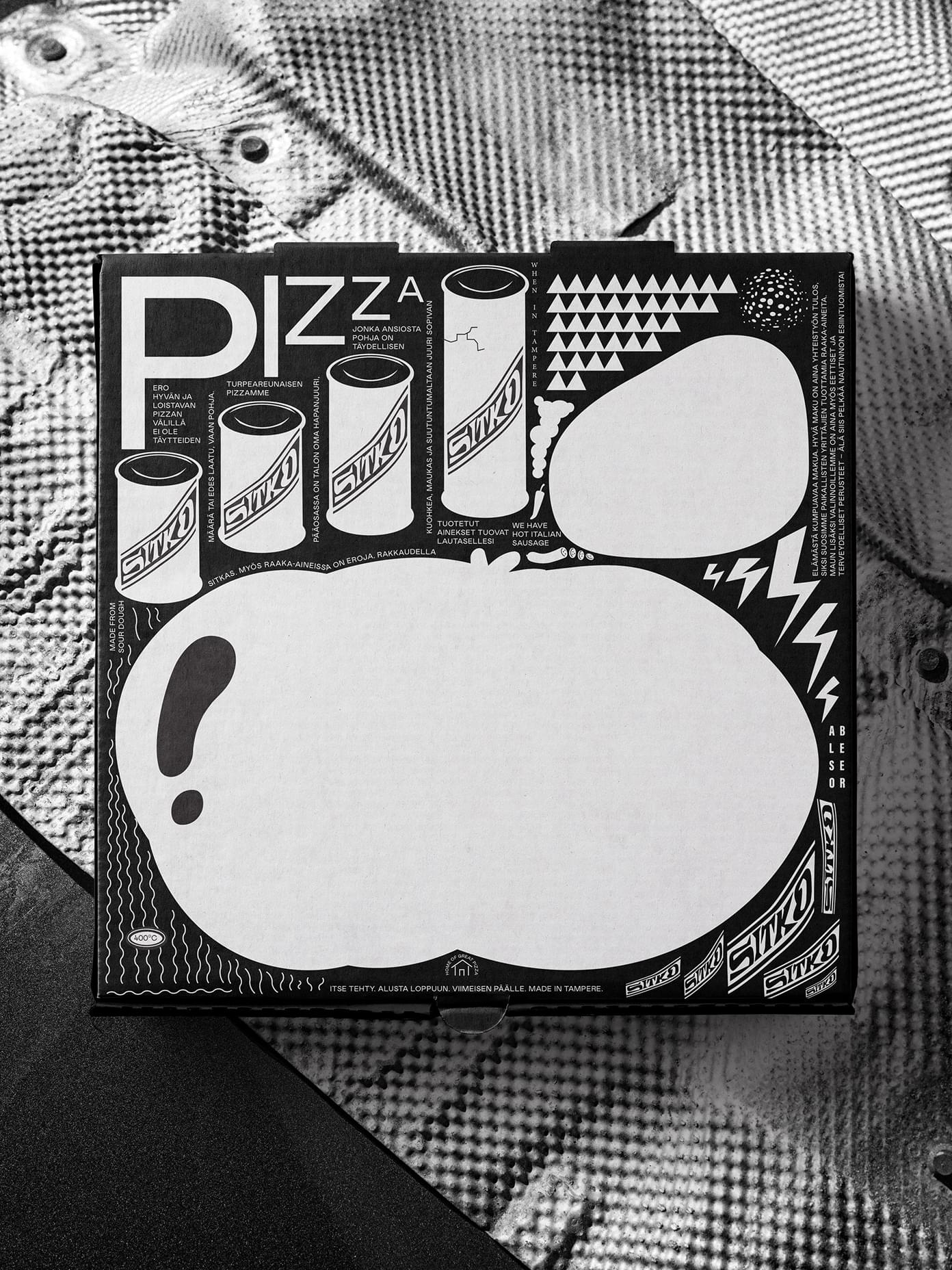 Sitko Pizza box with bold black-and-white graphic design featuring Finnish text, cans, triangles, and a large question mark motif.