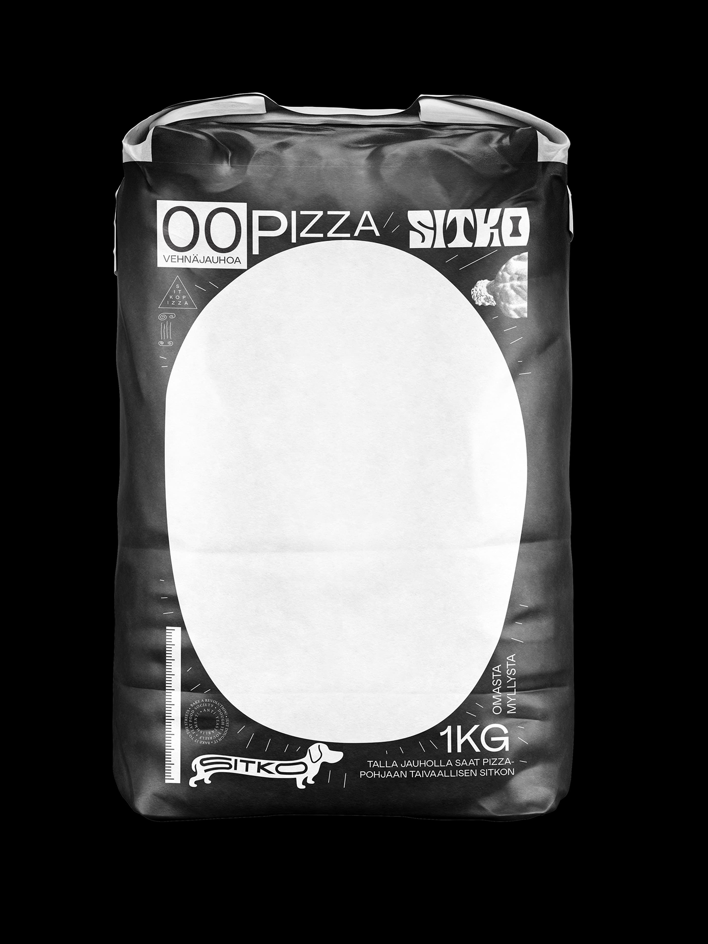 Sitko 00 Pizza flour bag, 1kg, black packaging with white oval panel and dachshund logo, Finnish text.