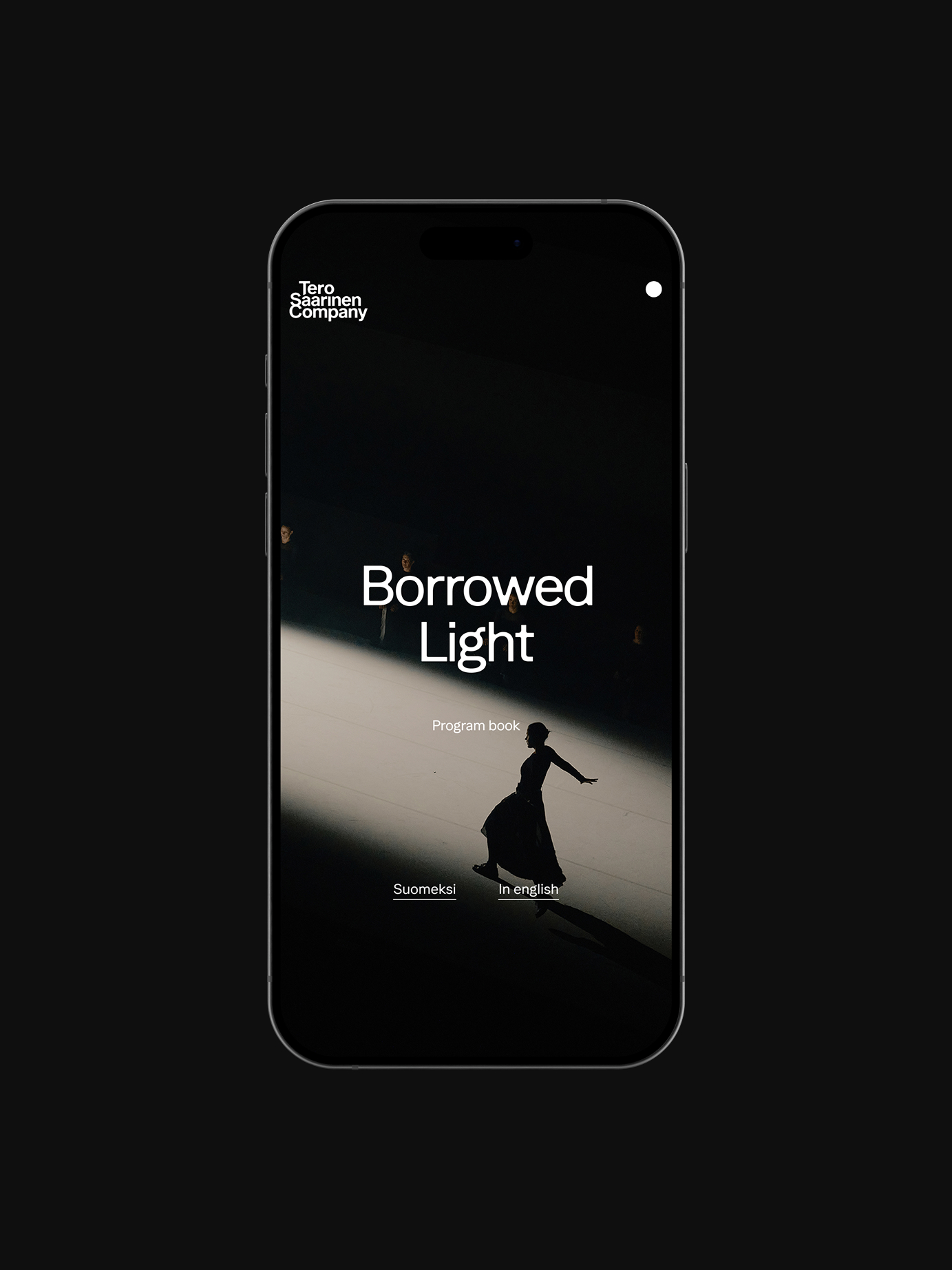 Tero Saarinen Company's Borrowed Light program book mobile app displayed on iPhone with dark theatrical dance imagery.