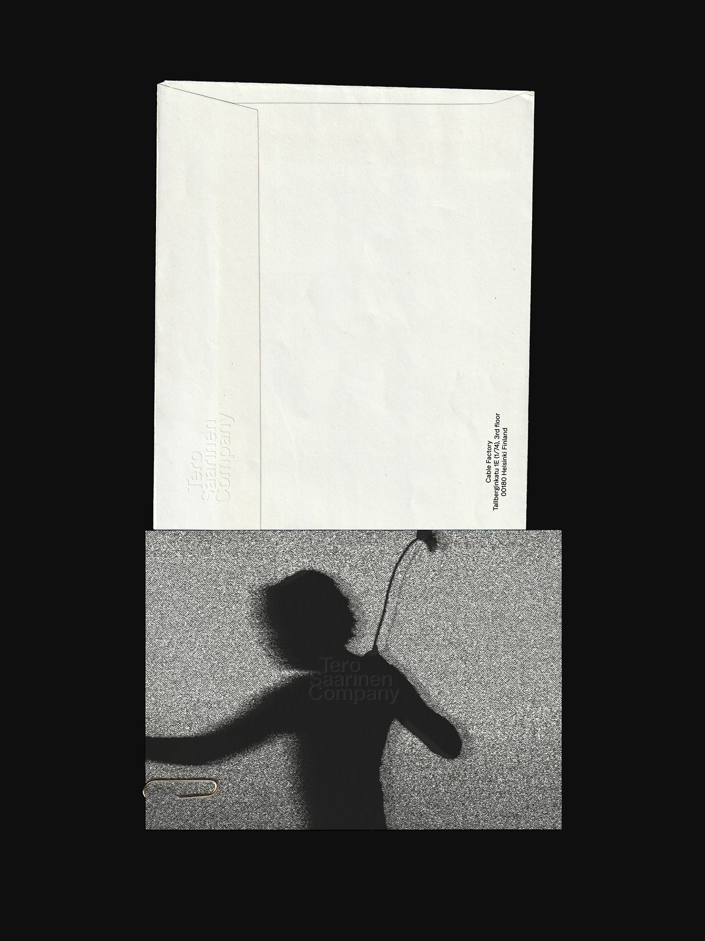 Tero Saarinen Company envelope with embossed logo and a grainy black-and-white postcard showing a dancer's silhouette.