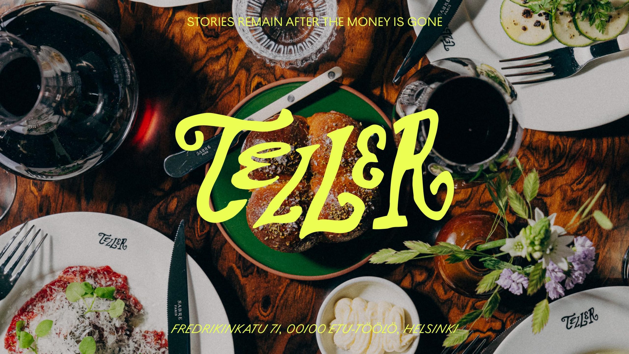 Teller restaurant branding: bold neon-yellow logo, branded plates, bread, wine, and florals in Helsinki.