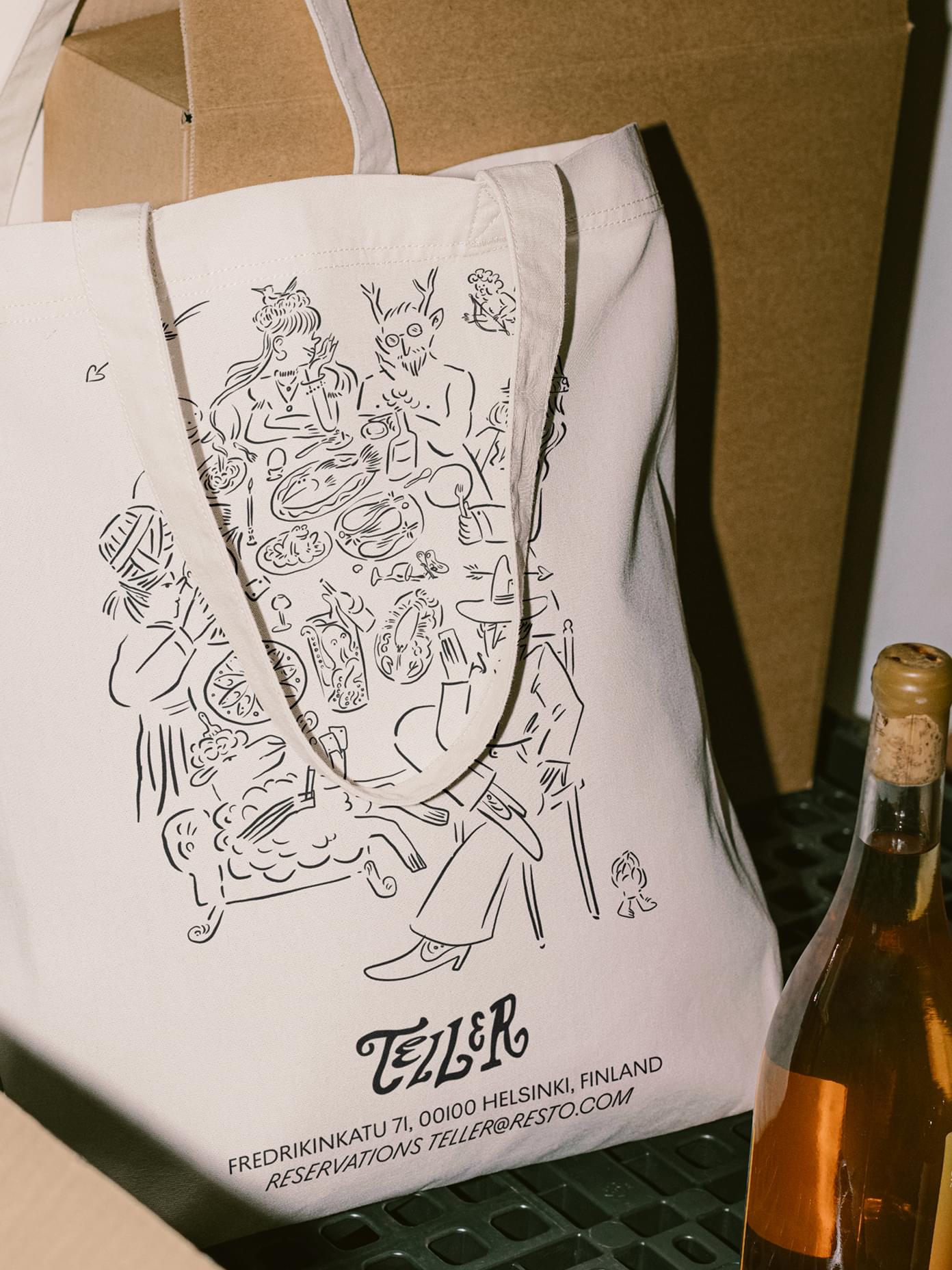 Teller restaurant canvas tote bag with whimsical line-art illustration.