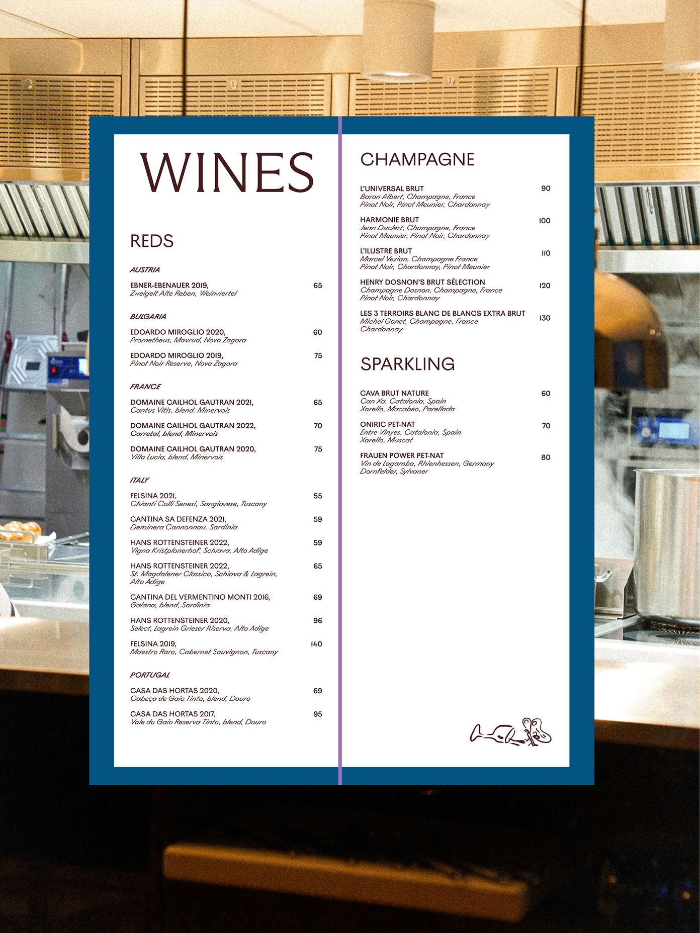 Teller wine menu card by Werklig featuring Reds, Champagne, and Sparkling sections with blue border, displayed in a restaurant kitchen.