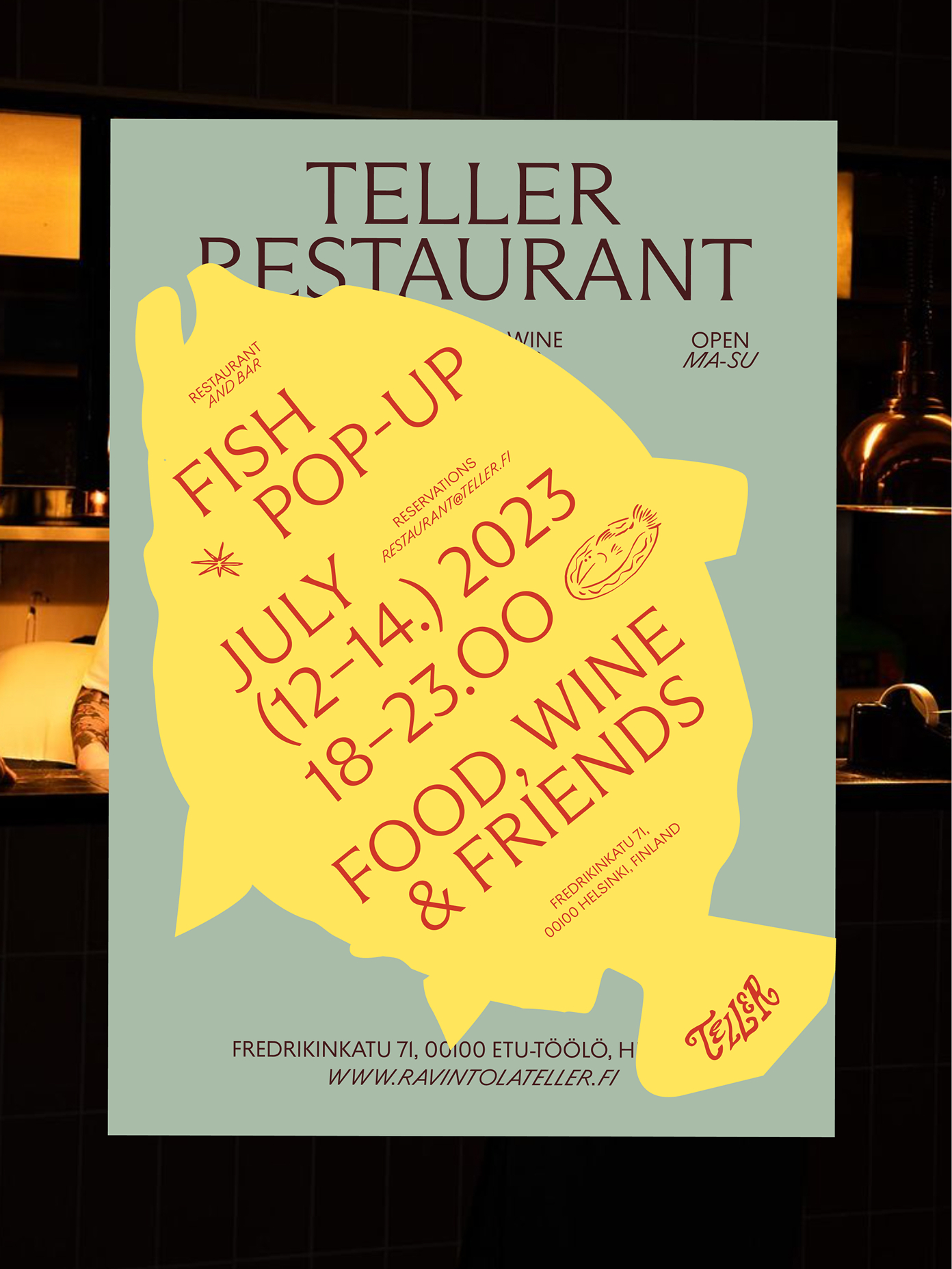 Teller Restaurant Fish Pop-Up poster in yellow and sage green.