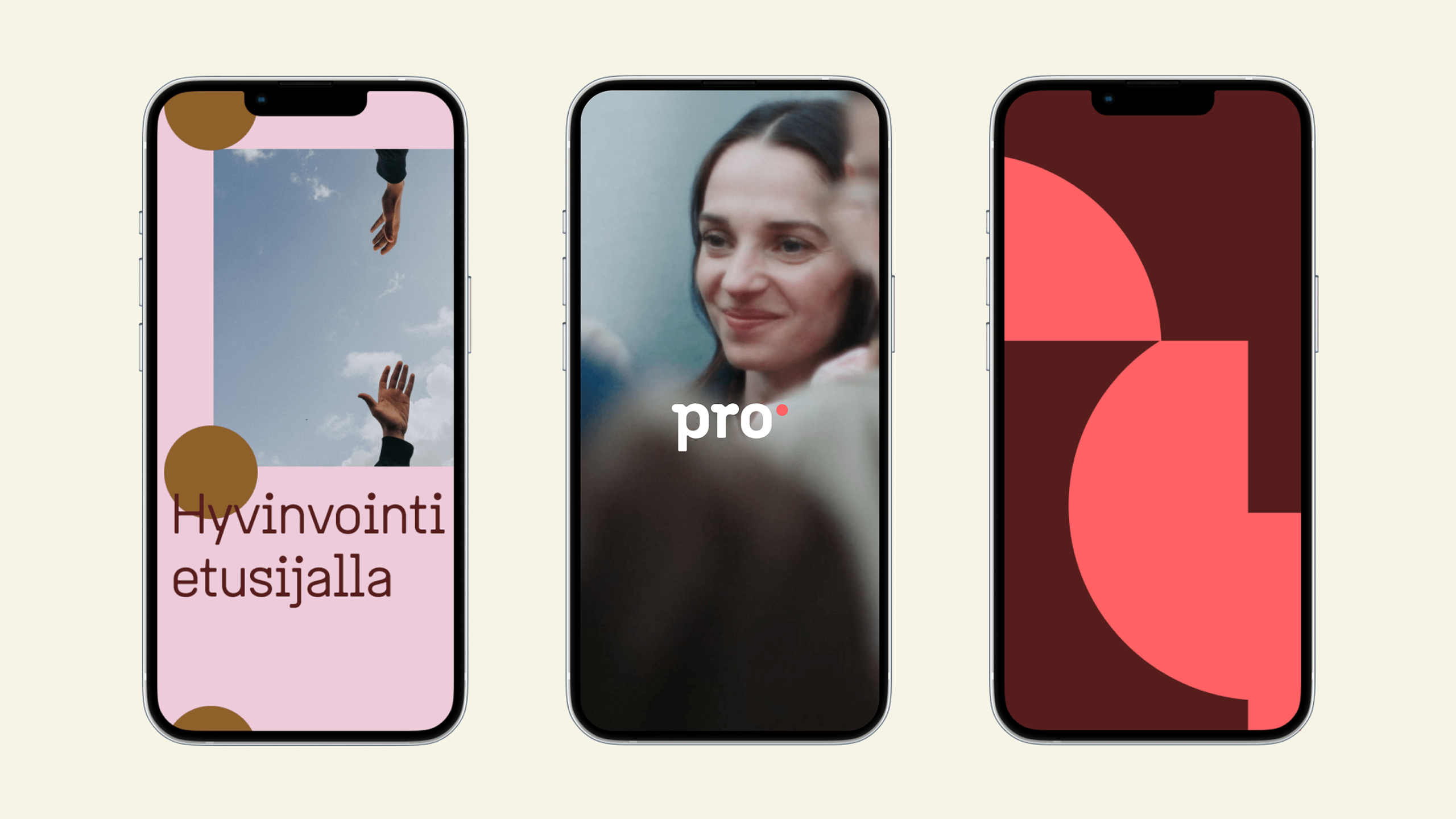 Three iPhones showing Pro brand visuals: pink wellness graphic, smiling woman with Pro logo, and bold coral geometric shapes on maroon.