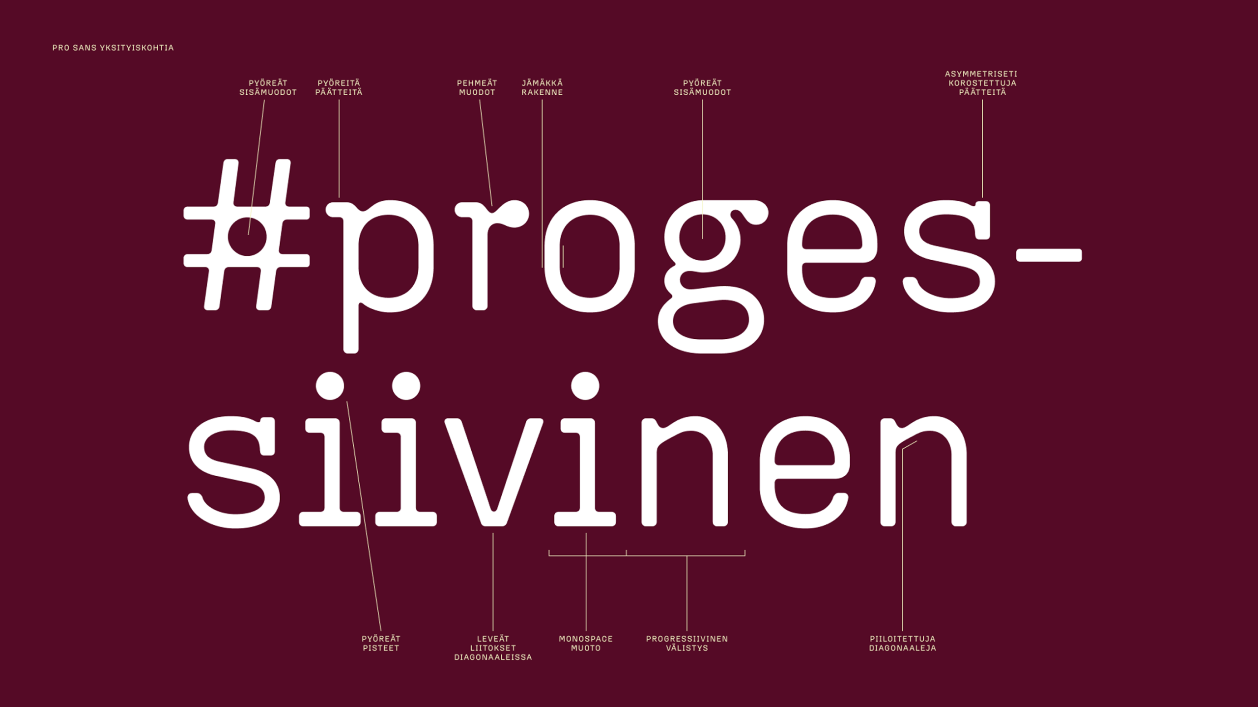 Pro Sans typeface specimen in Finnish on dark burgundy background, annotating typographic details like round counters and monospace form.