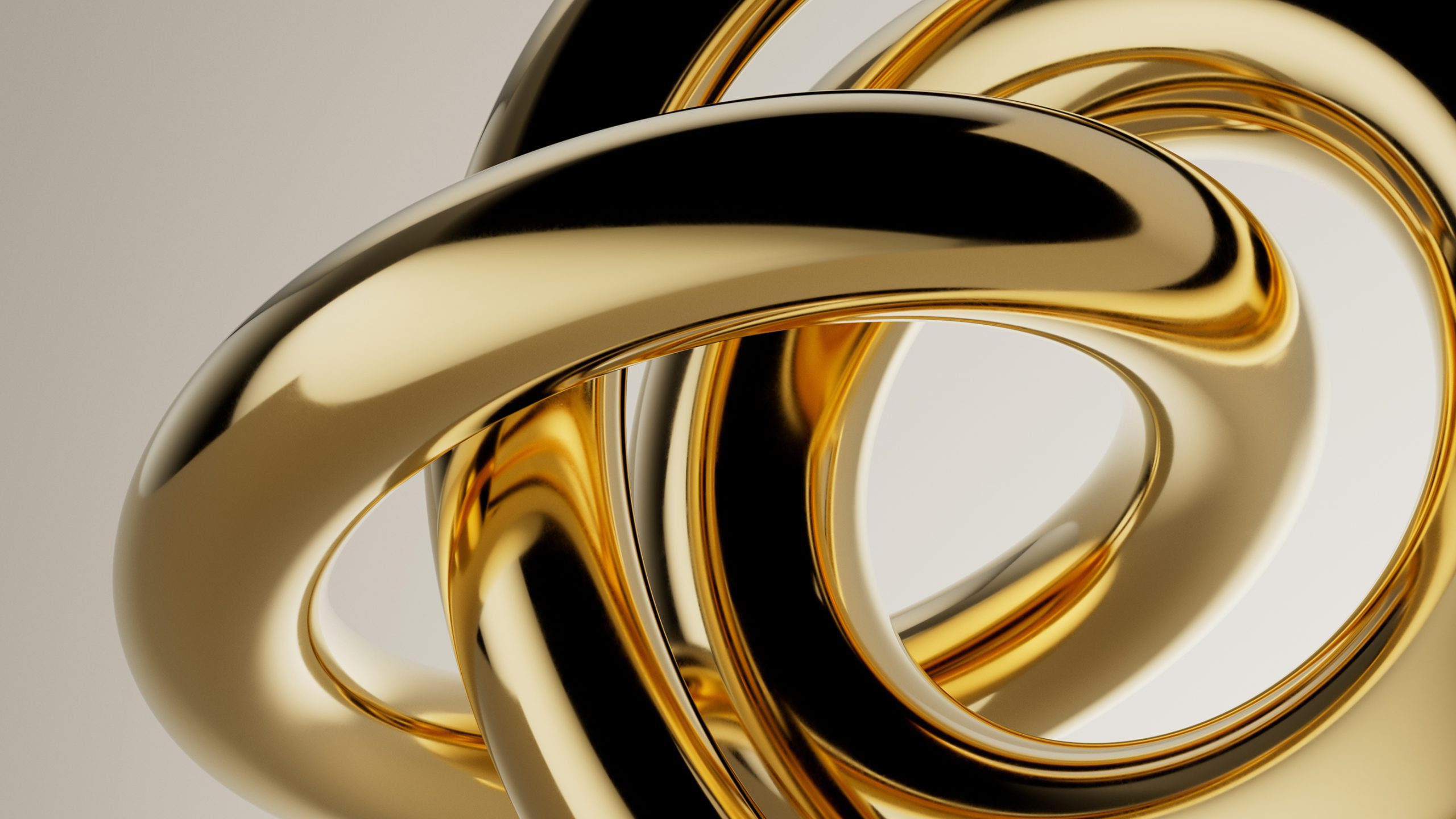 Avance brand identity: intertwined polished gold 3D rings forming an abstract fluid loop sculpture on a neutral background.