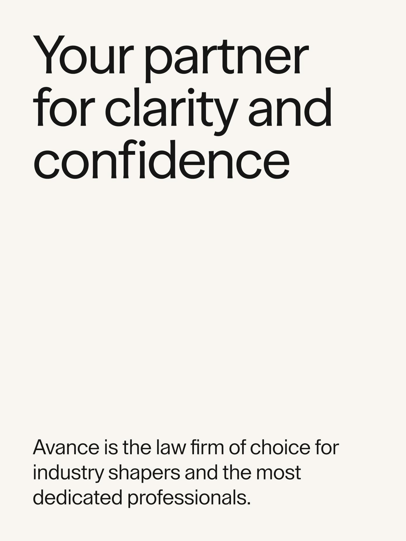Avance hero text: 'Your partner for clarity and confidence' on a warm off-white background.