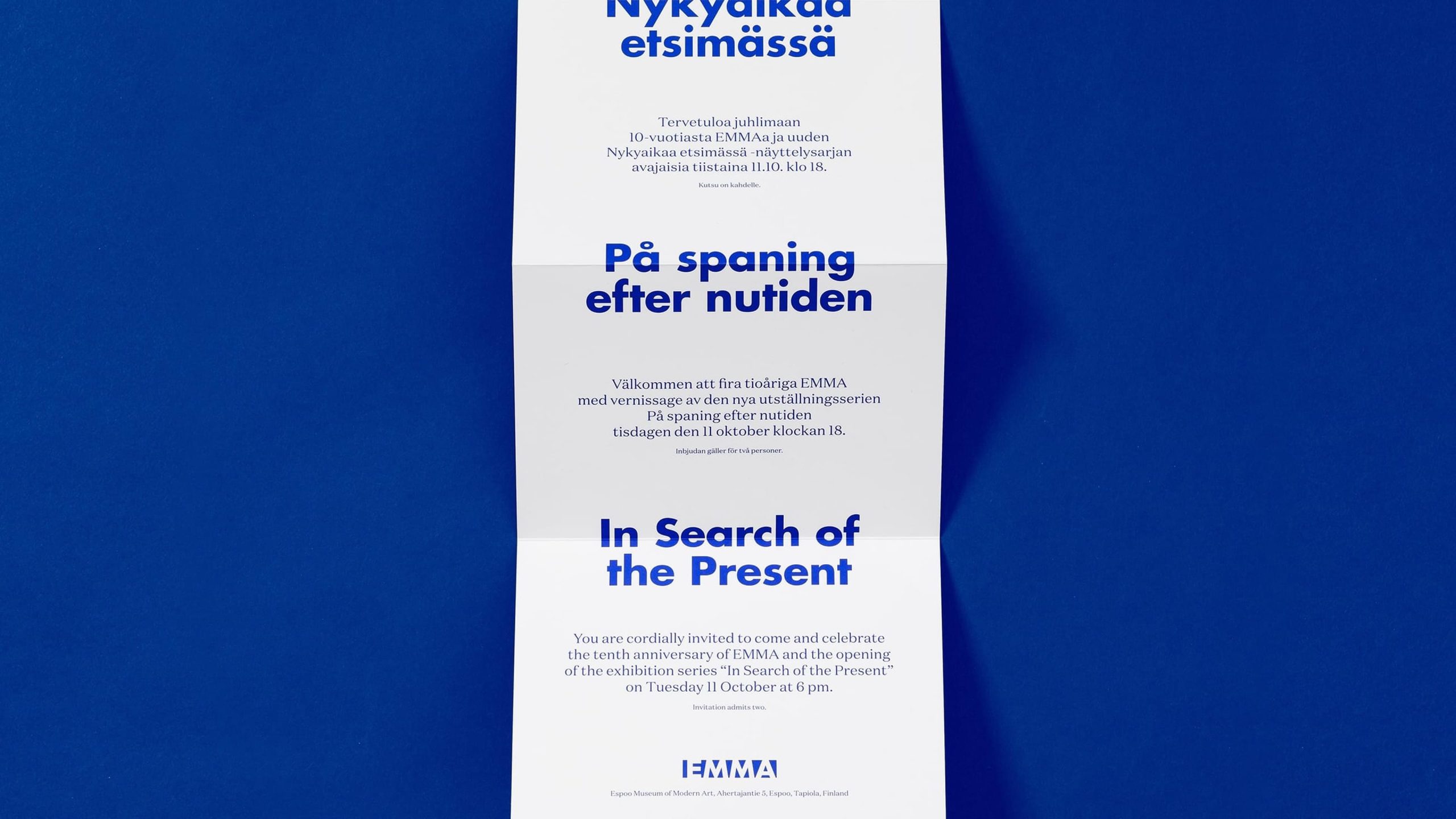EMMA museum event invitation in blue and white, announcing the 10th anniversary exhibition.