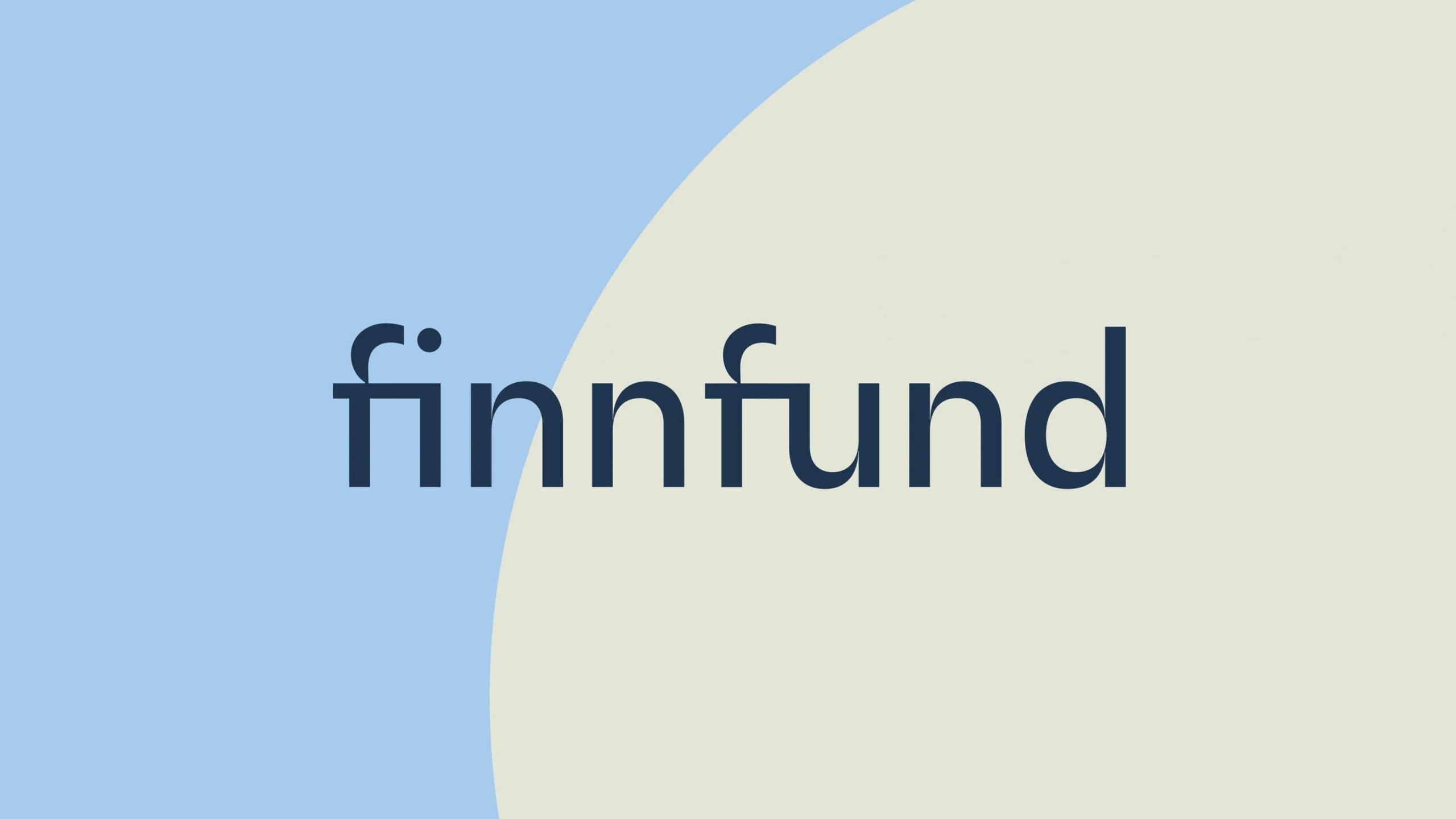 Finnfund logo in dark navy on a split background of soft blue and warm beige with a large circular shape.