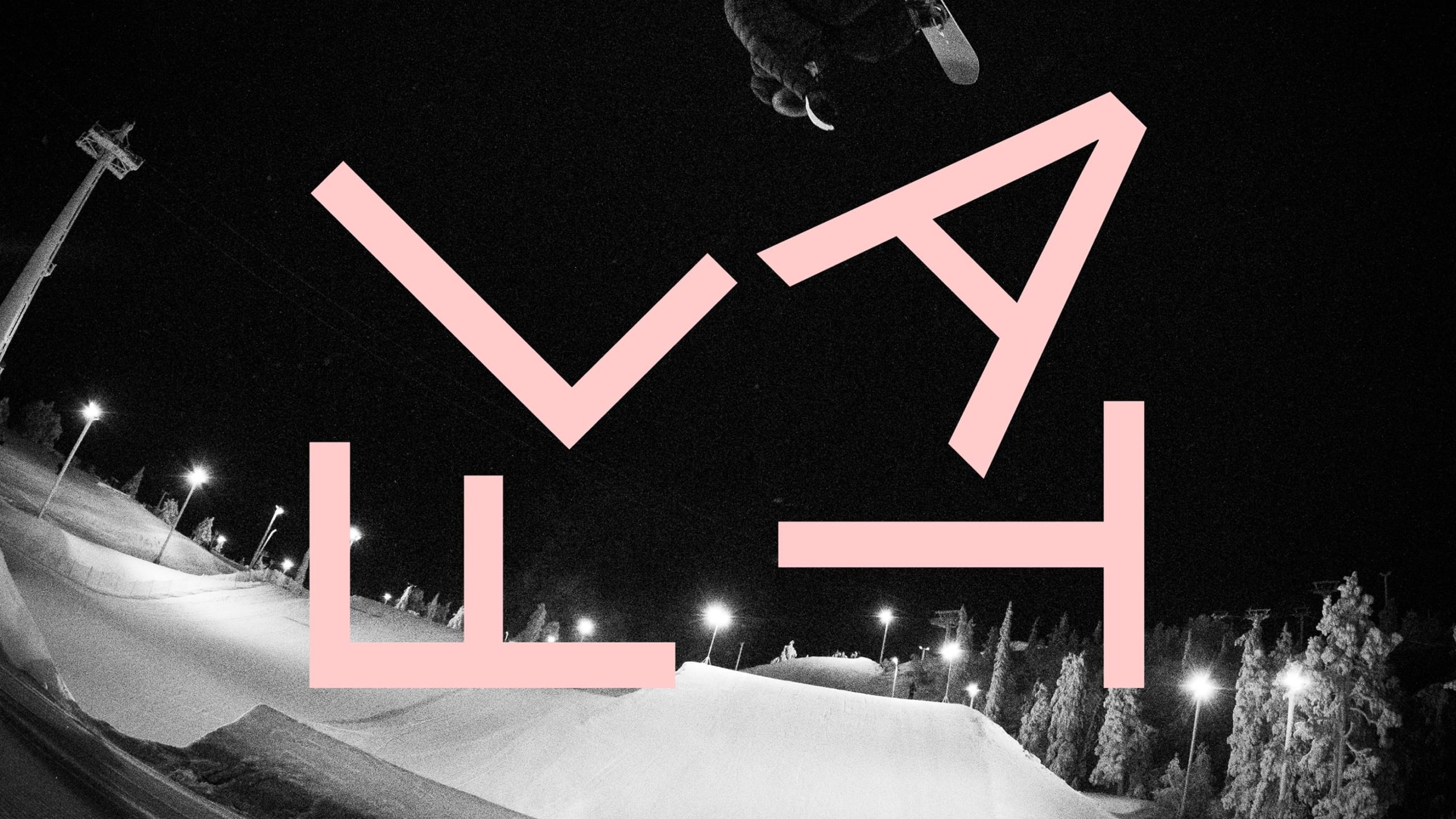 FLAT brand identity overlaid on a black-and-white night photo of a snowboarder mid-air above a floodlit snow park.
