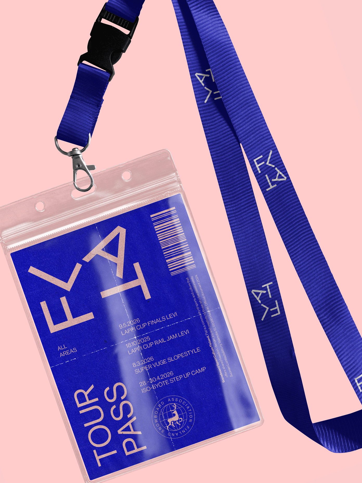 FLAT Tour Pass badge in cobalt blue with bold typography, listing snowboard events, in a clear holder on a matching blue lanyard.