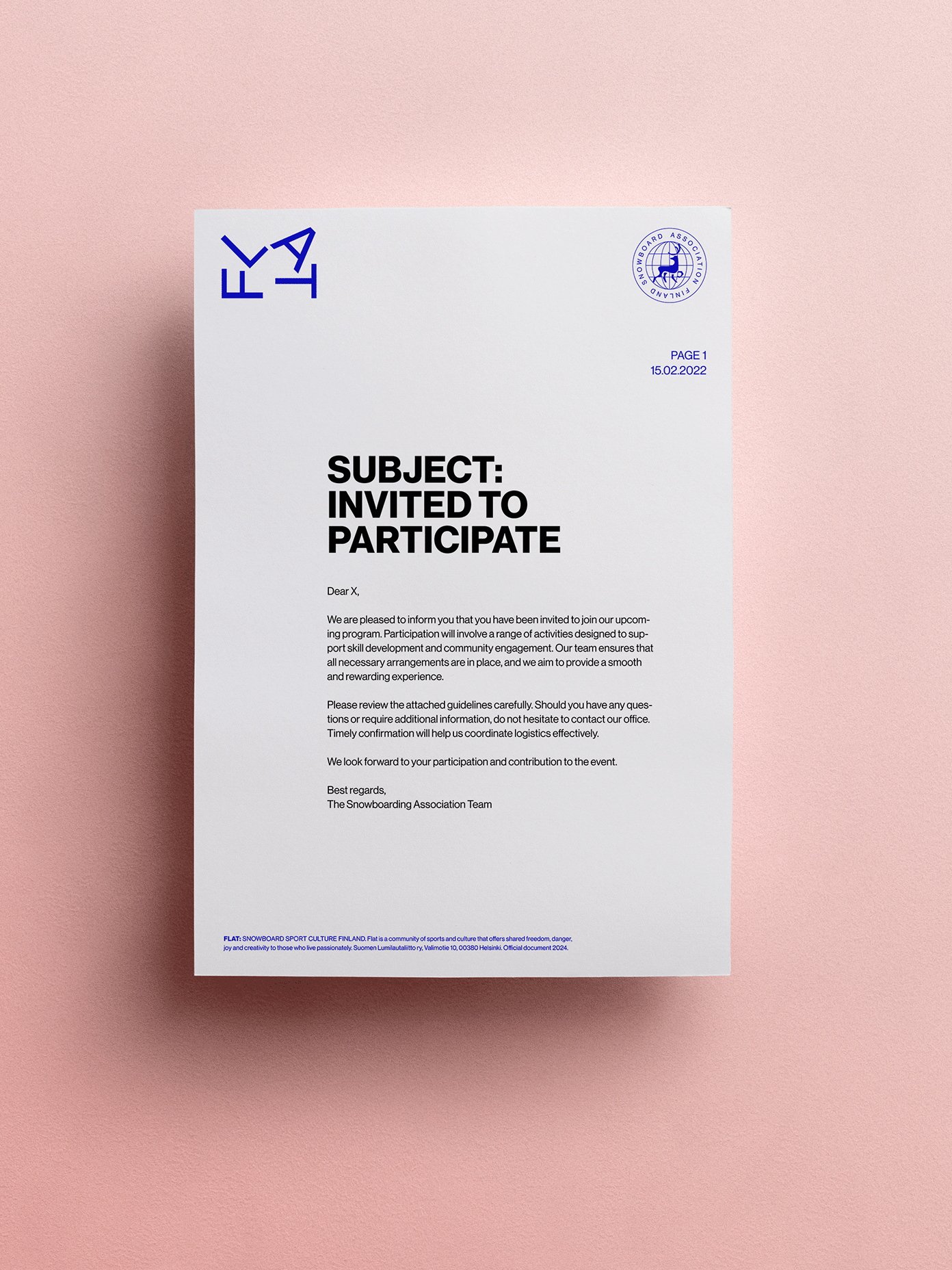 FLAT Snowboard Association official letter on white letterhead.