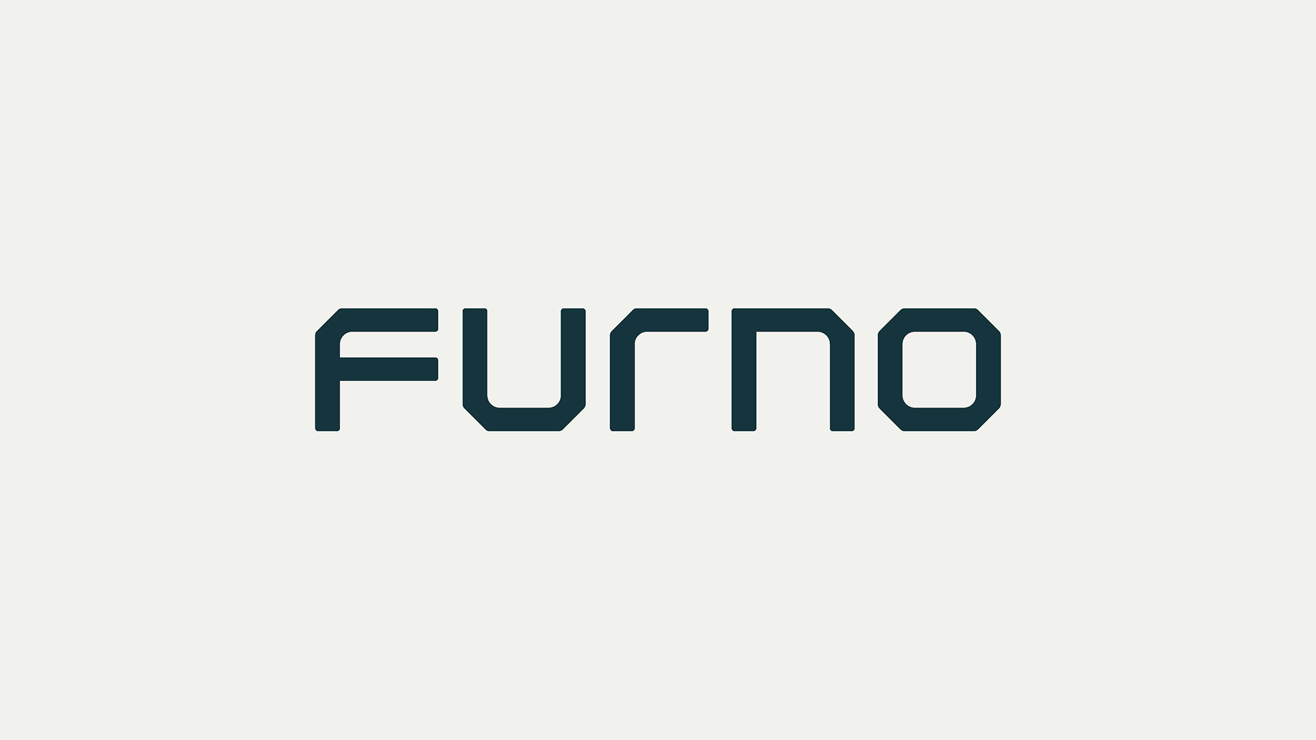 Furno wordmark in dark teal on an off-white background, featuring geometric letterforms with chamfered corners.