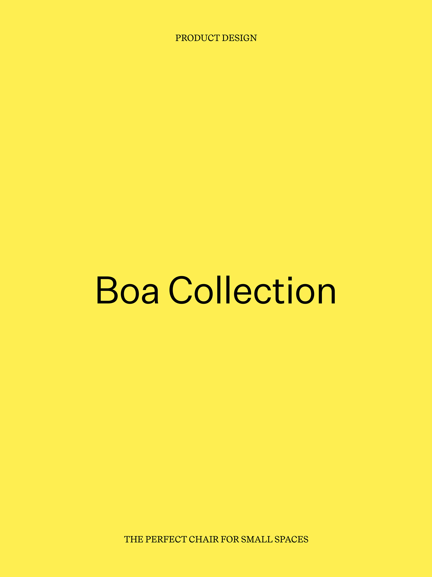 Boa Collection cover page with bold black text on bright yellow background, subtitled 'The Perfect Chair for Small Spaces'.