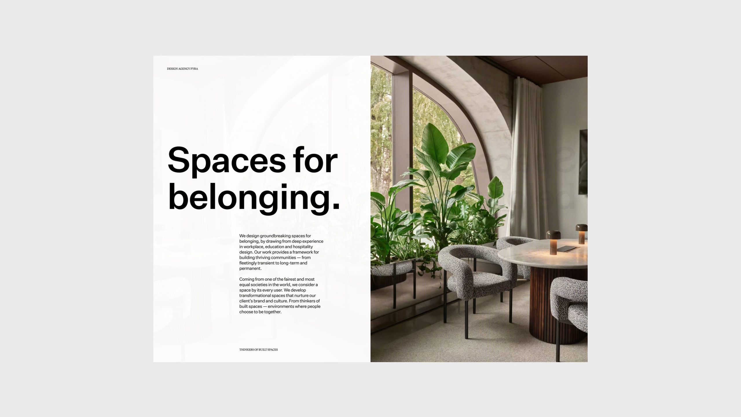 Fyra design agency brochure spread featuring 'Spaces for belonging.' headline alongside a photo of a curved interior with lush plants.