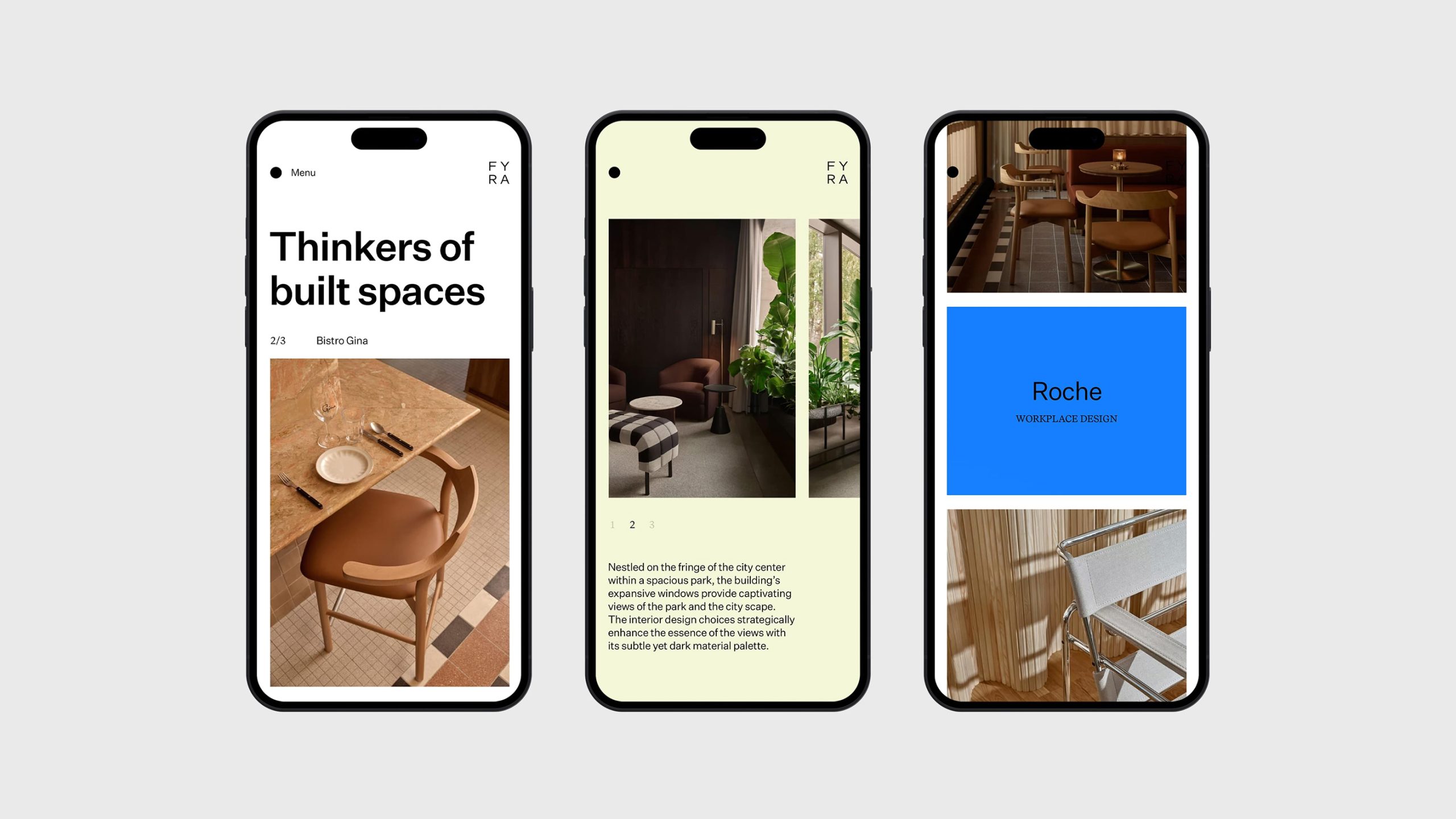 Three iPhones showing Fyra's mobile website with interior design projects, minimal typography, and a bold blue project card.