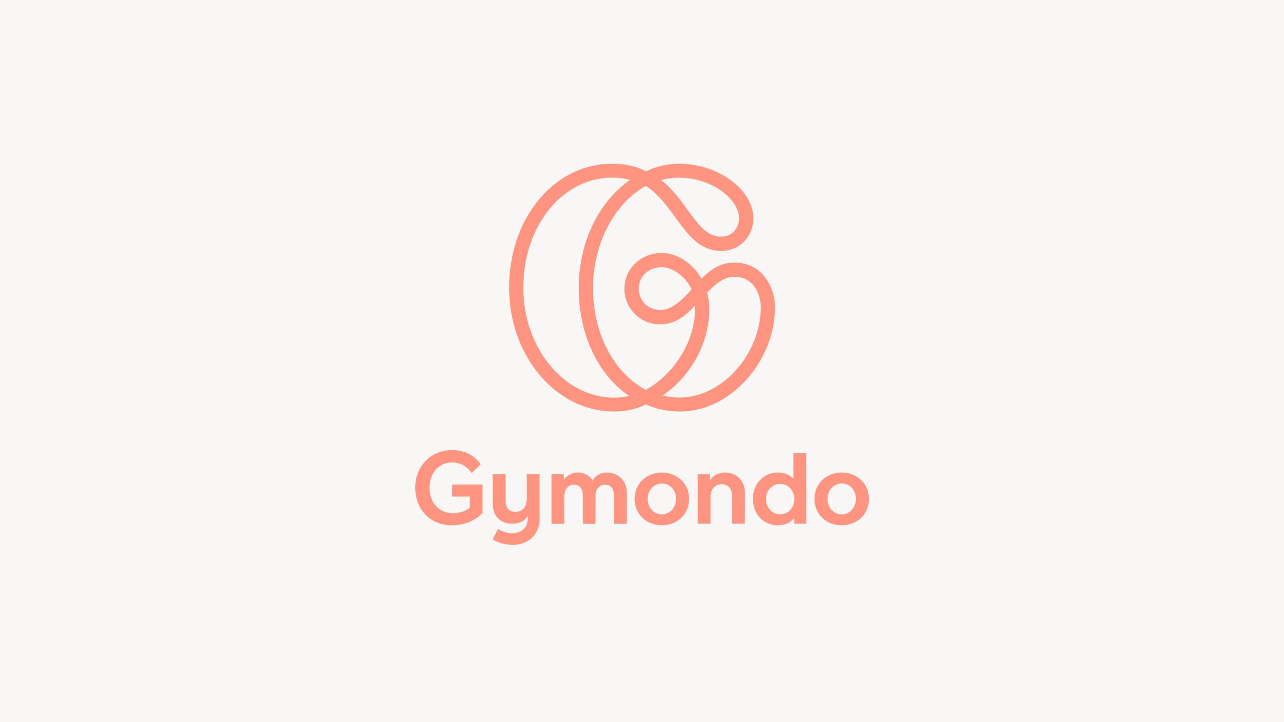 Gymondo logo featuring a coral monogram G icon with fluid looping lines, paired with rounded sans-serif wordmark on a cream background.
