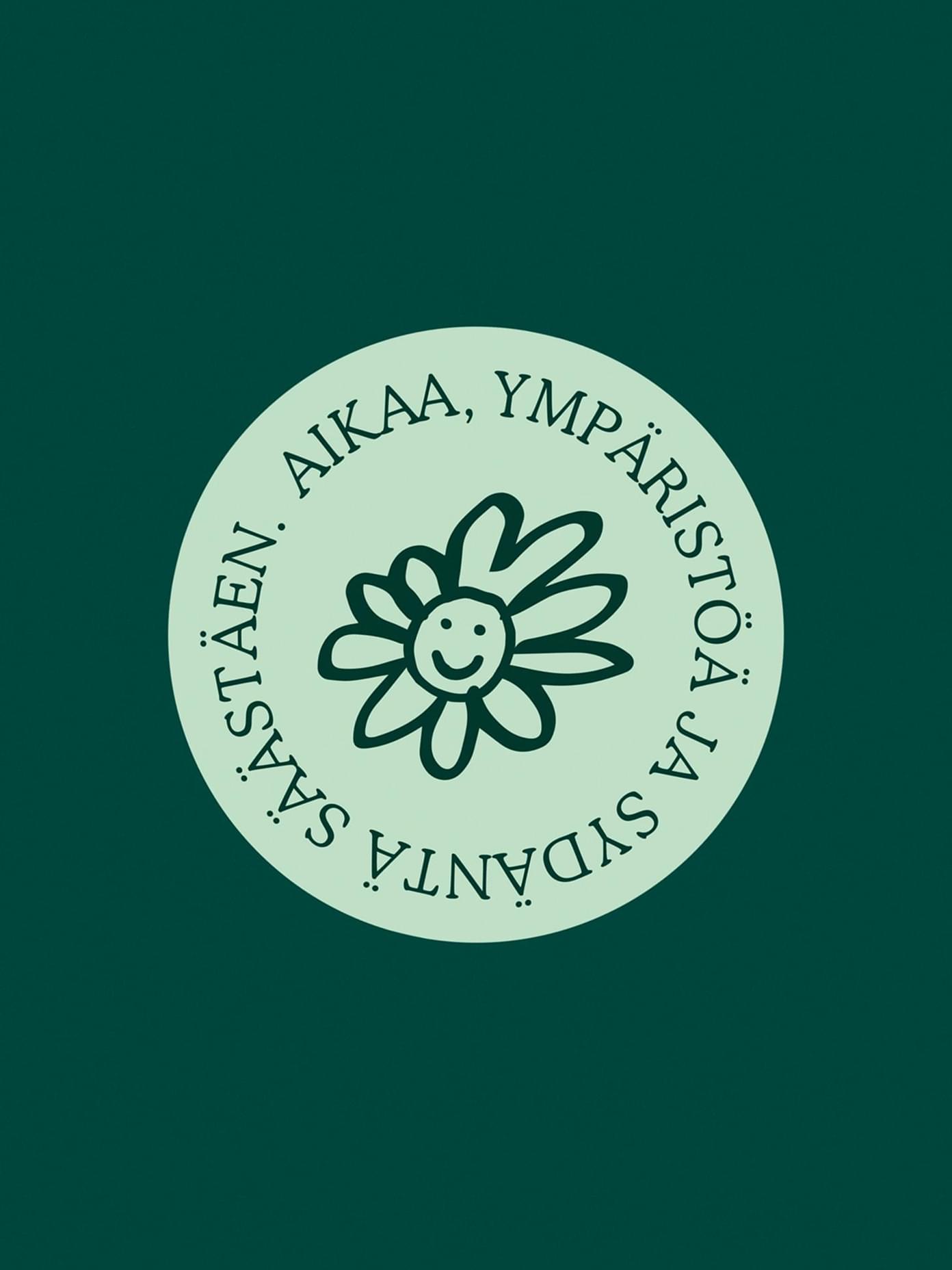 Komero circular badge logo with smiling daisy illustration and Finnish text on mint green background by Werklig.