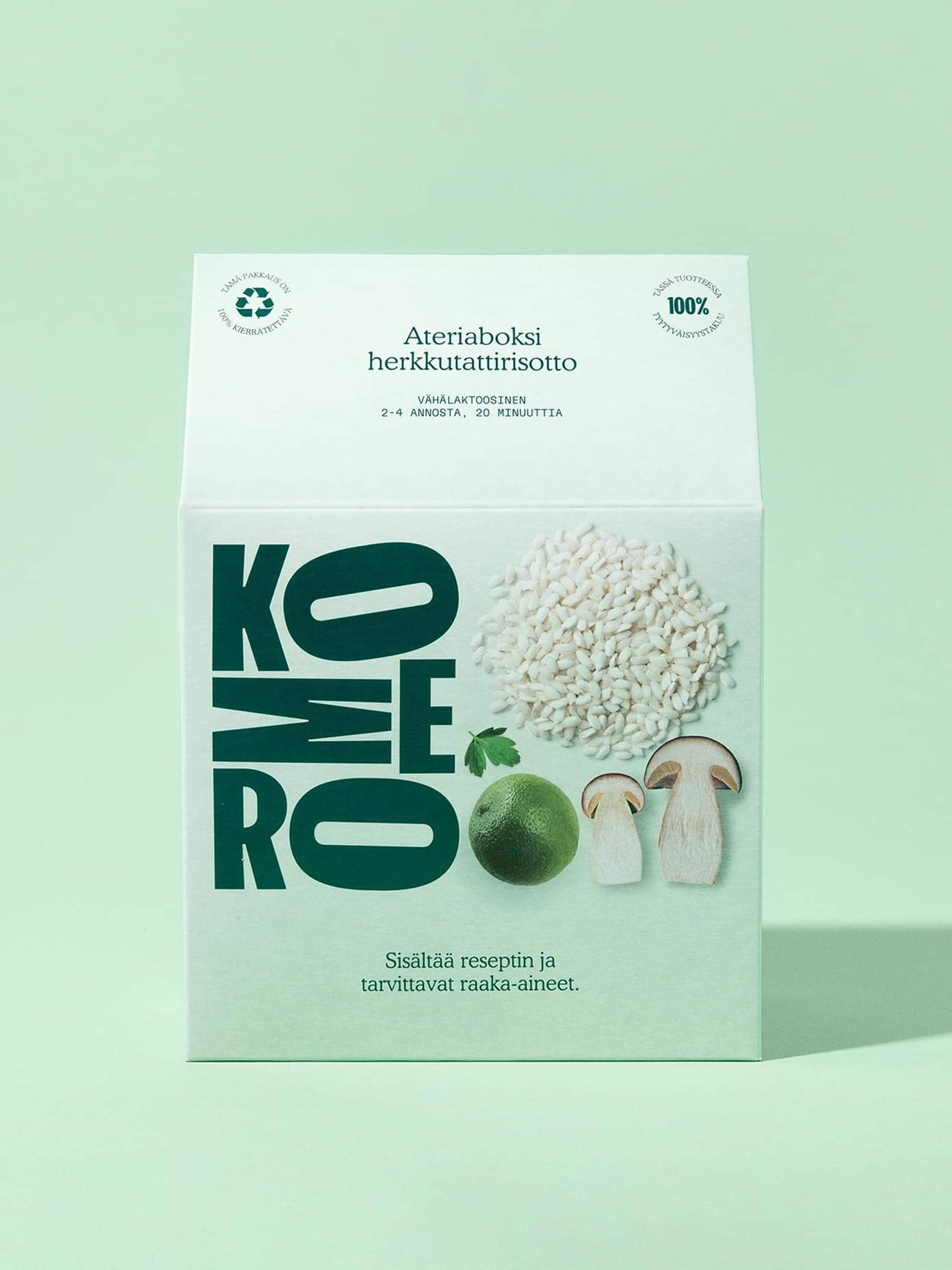 Komero meal kit box for mushroom risotto featuring bold green typography on mint background.