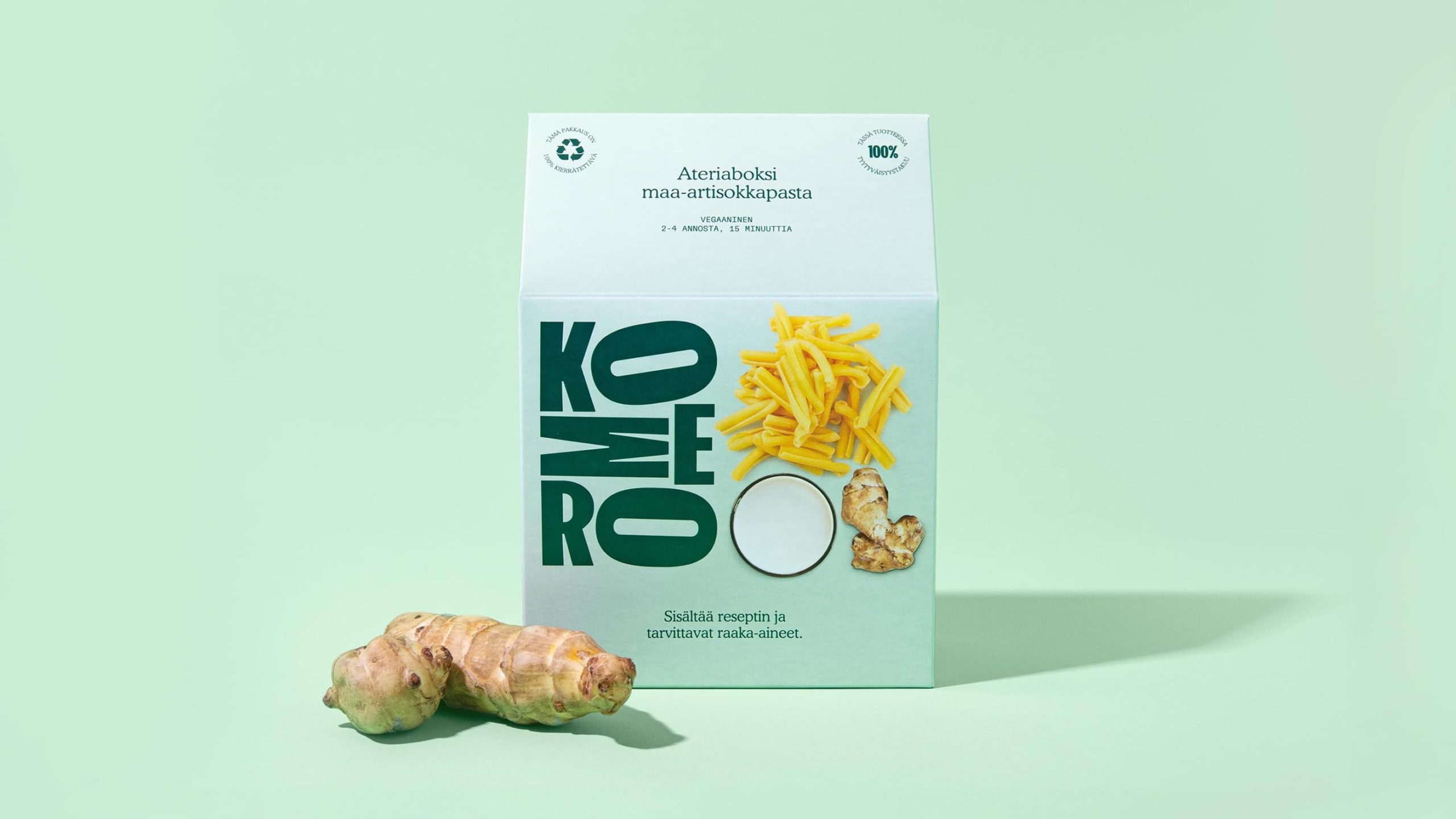 Komero meal kit box for Jerusalem artichoke pasta on mint green background.