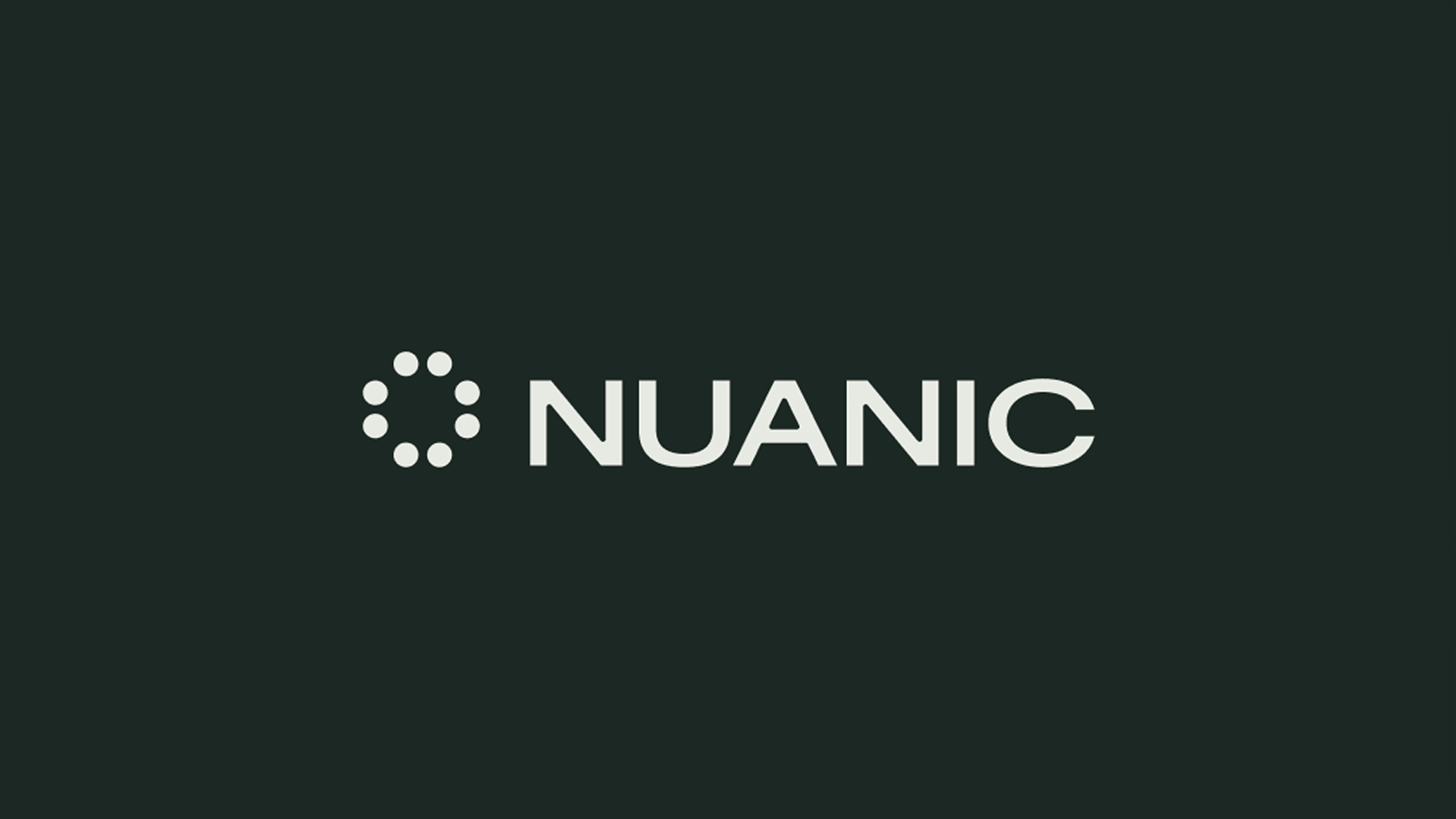 Nuanic logo on dark green background, featuring a circular dot pattern icon beside bold cream-coloured wordmark.