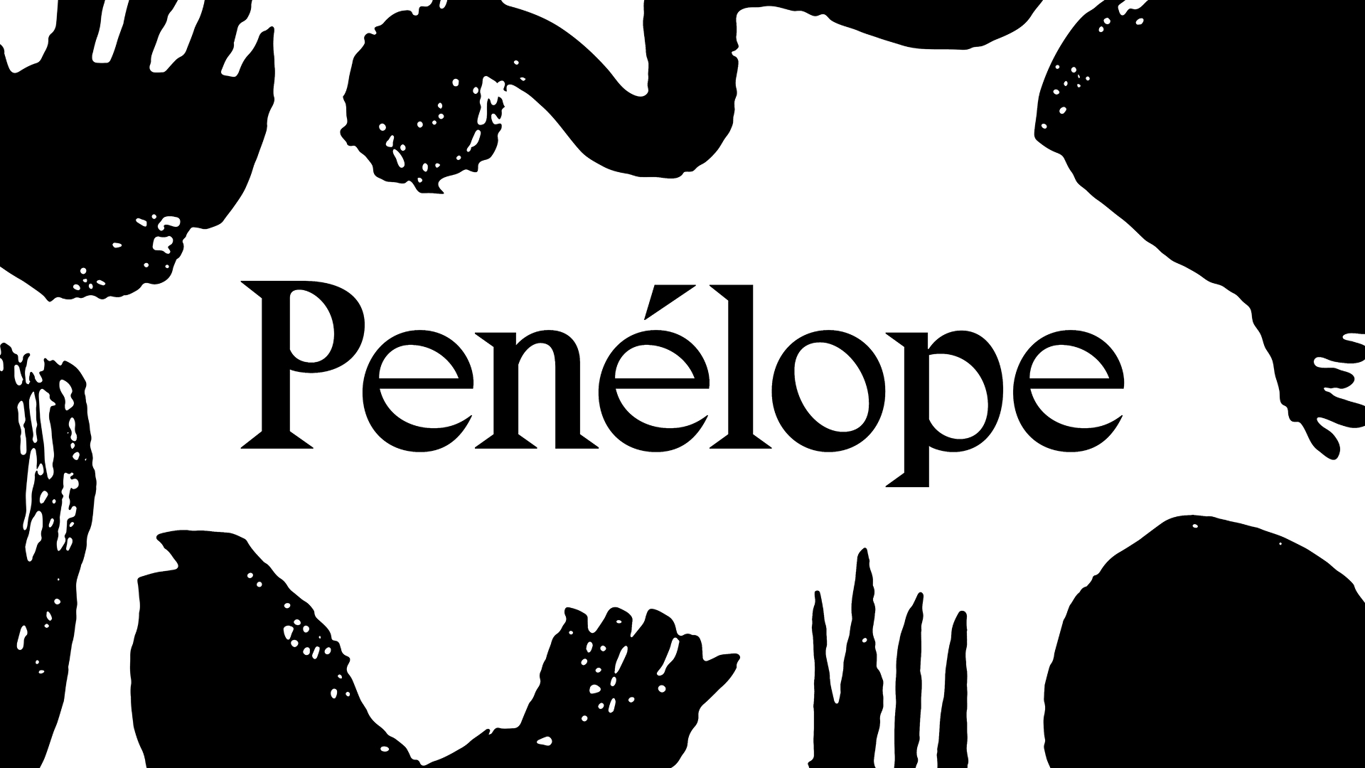 Penélope wordmark in serif type surrounded by abstract black ink brush shapes and hand silhouettes on white background.