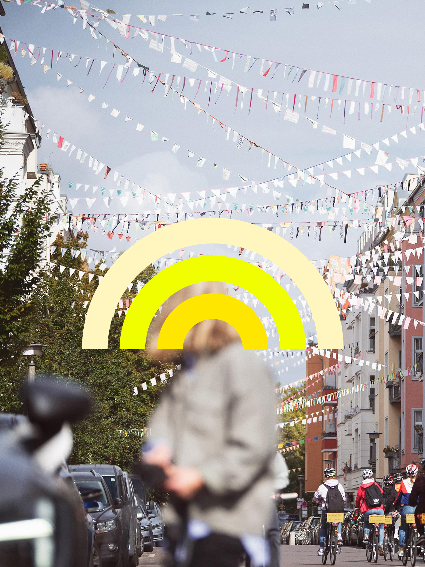 Plugsurfing rainbow logo overlaid on a festive street scene with bunting flags and cyclists below.