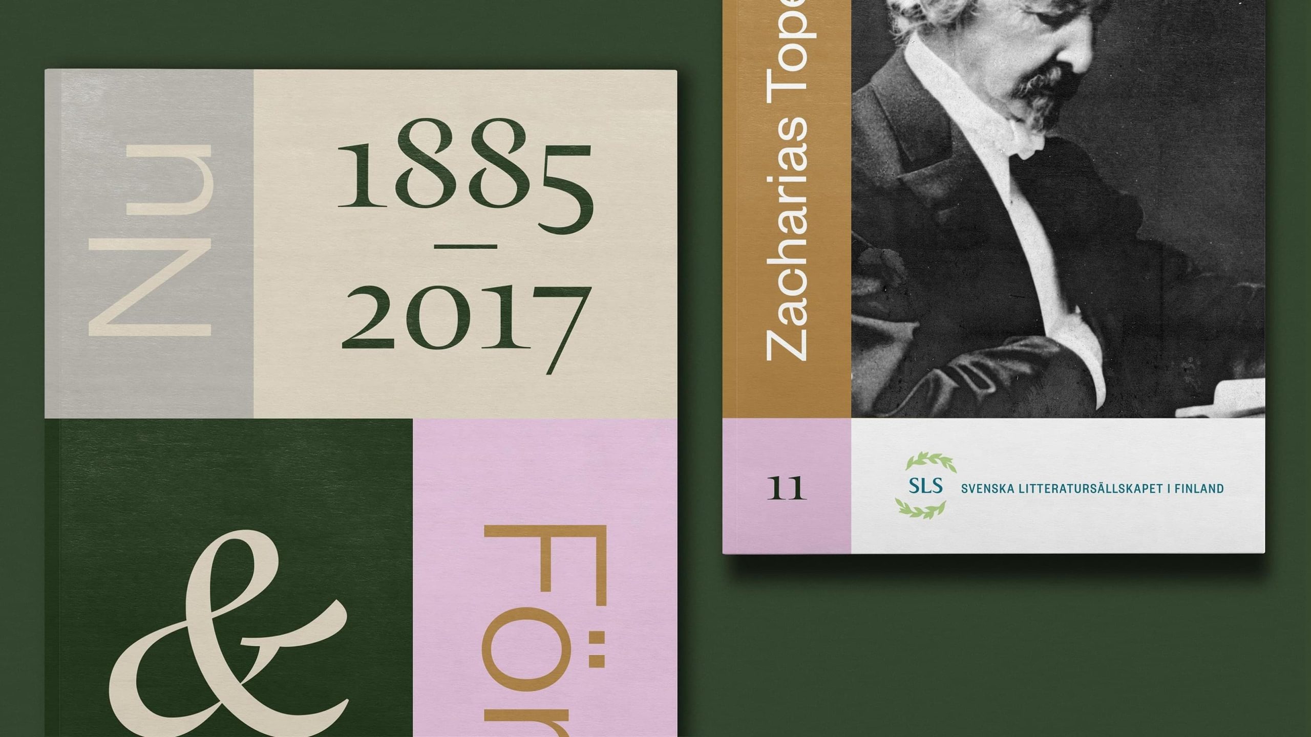 Book covers for a collected works, published by Svenska Litteratursällskapet i Finland, featuring green, pink, and gold typography.