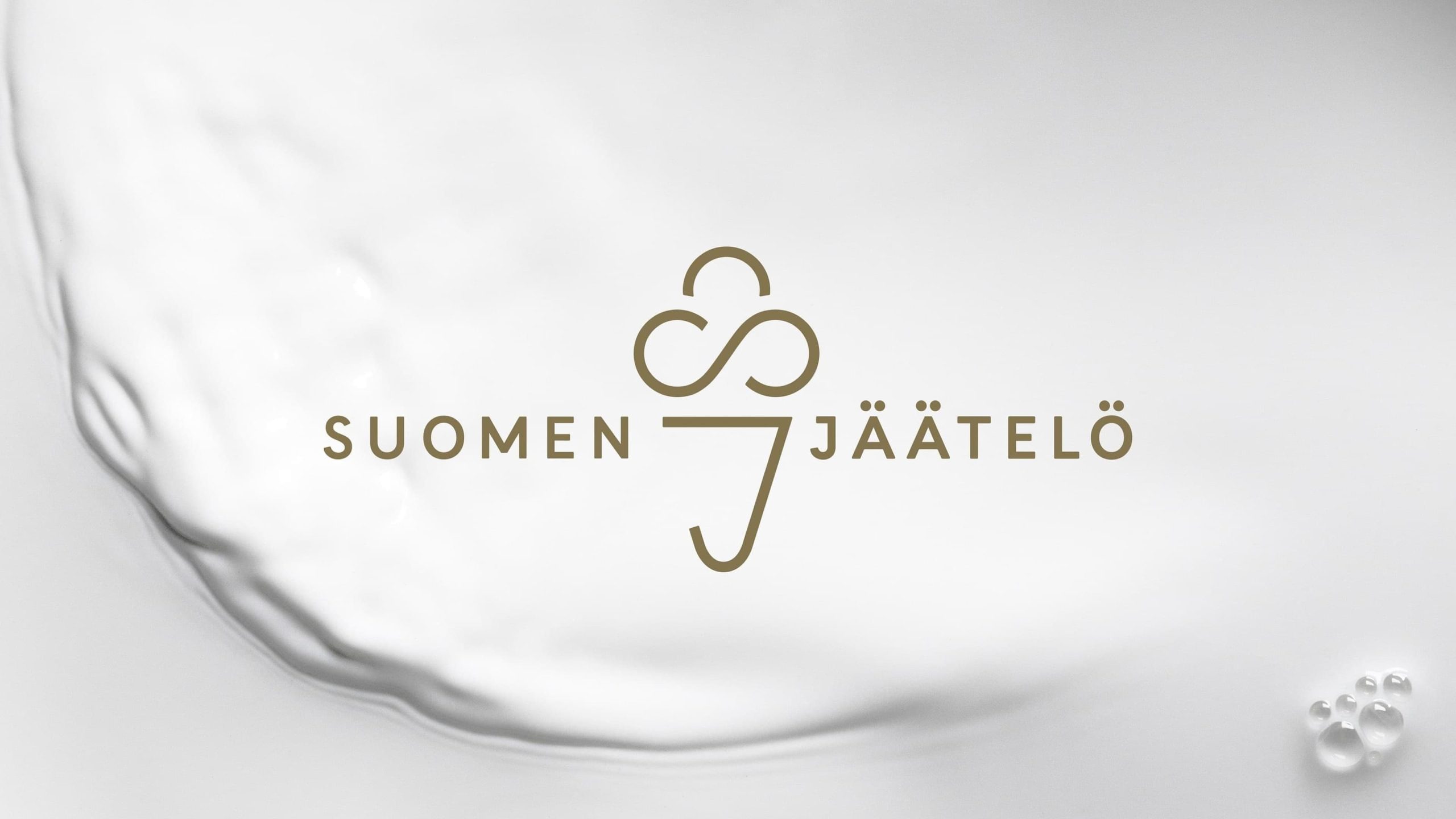 Suomen Jäätelö logo in gold on a white background with flowing cream texture.