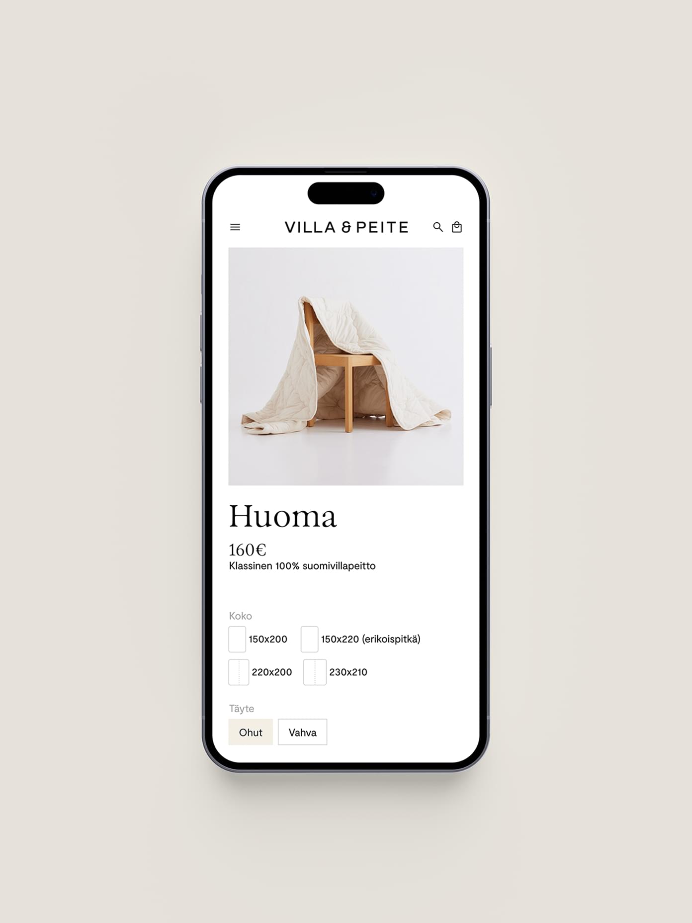 Villa & Peite mobile product page showing the wool blanket draped over a wooden chair.