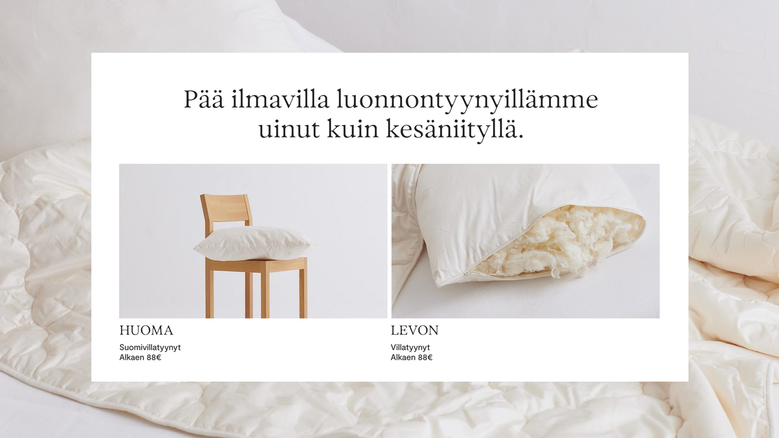Villa & Peite wool pillow products displayed with clean Nordic styling.